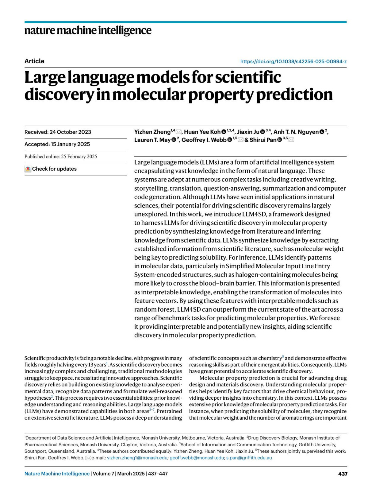 Large Language Models For Scientific Discovery In Molecular Property Prediction Yizhen Zheng Huan Yee Koh Jiaxin Ju Anh T N Nguyen Lauren T May Geoffrey I Webb Shirui Pan