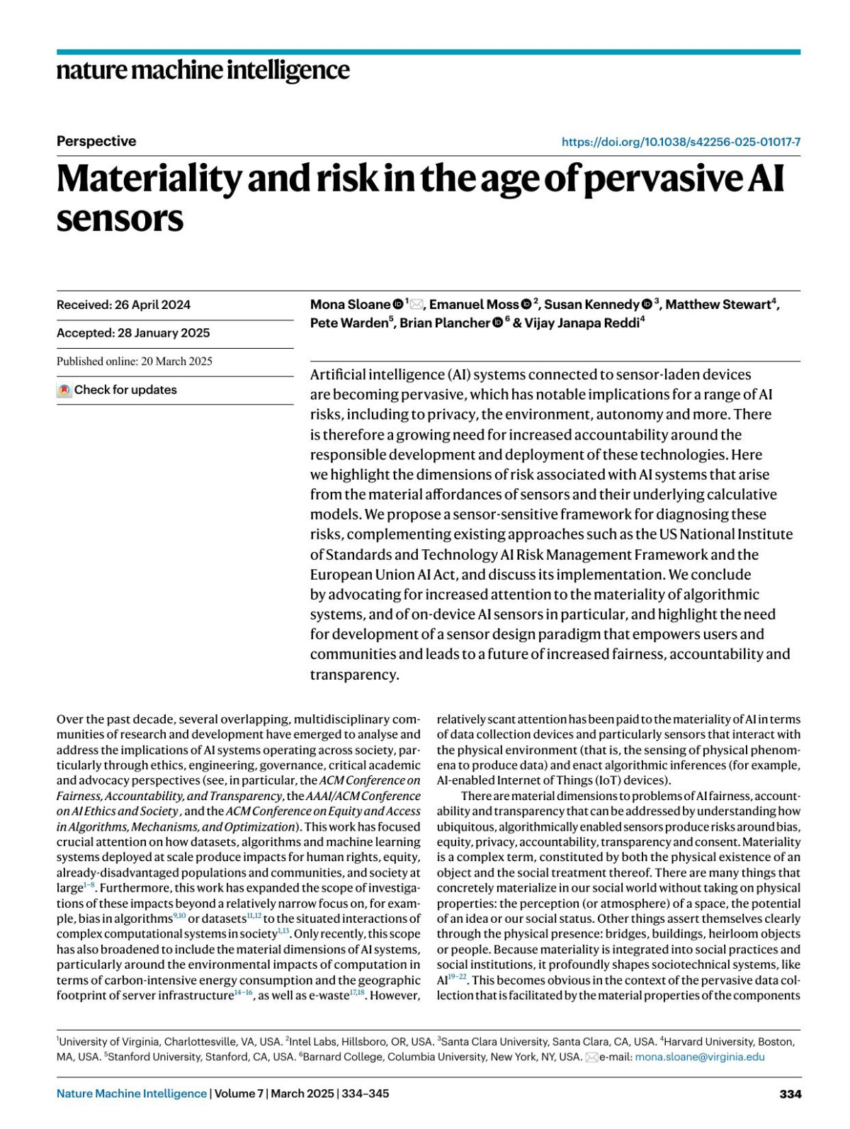 Materiality And Risk In The Age Of Pervasive Ai Sensors Mona Sloane Emanuel Moss Susan Kennedy Matthew Stewart Pete Warden Brian Plancher Vijay Janapa Reddi