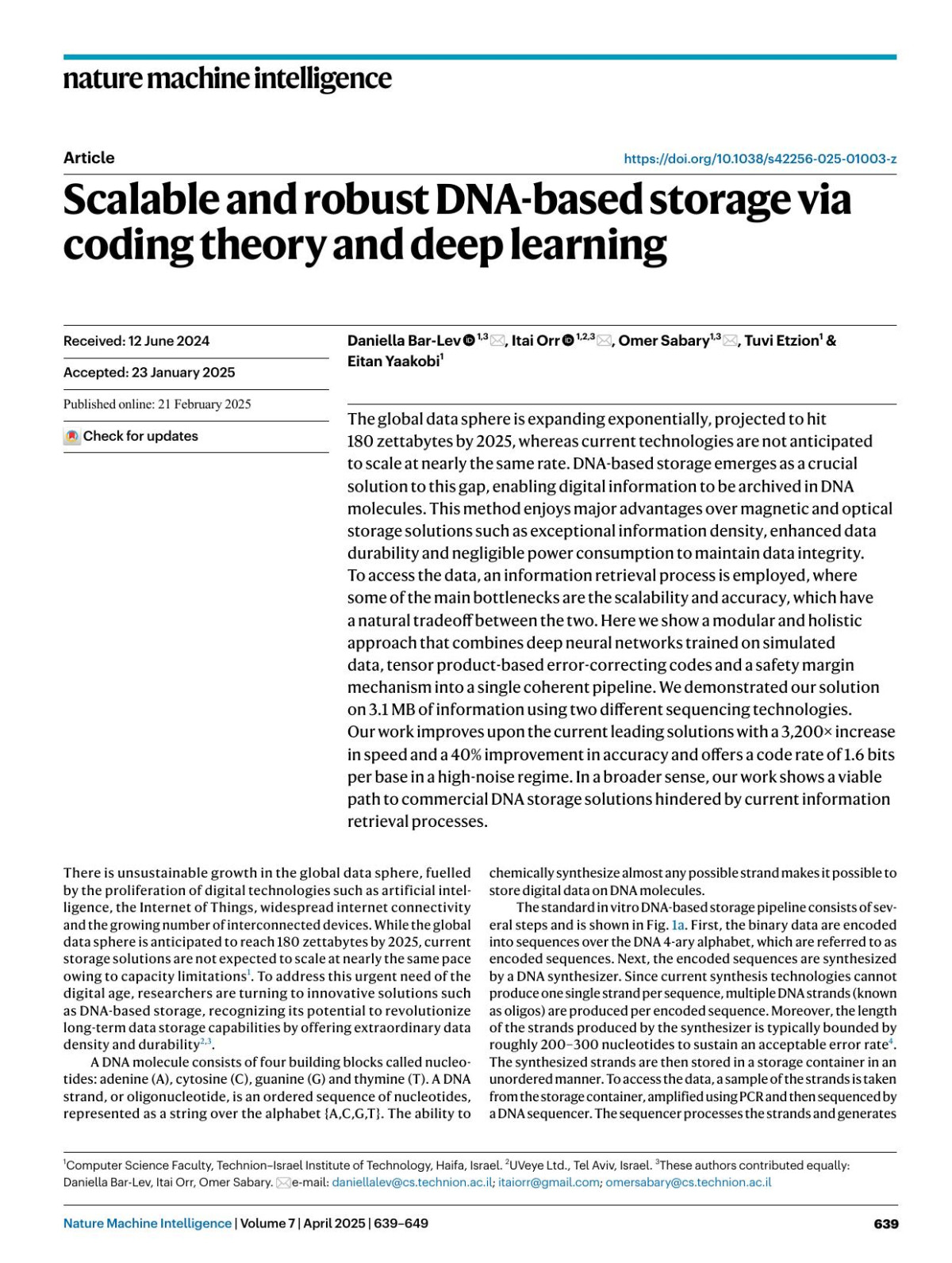 Scalable And Robust Dnabased Storage Via Coding Theory And Deep Learning Daniella Barlev Itai Orr Omer Sabary Tuvi Etzion Eitan Yaakobi