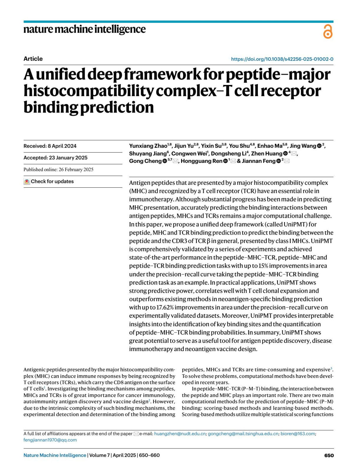 A Unified Deep Framework For Peptidemajor Histocompatibility Complext Cell Receptor Binding Prediction Yunxiang Zhao Jijun Yu Yixin Su You Shu Enhao Ma Jing Wang Shuyang Jiang Congwen Wei Dongsheng Li Zhen Huang Gong Cheng Hongguang Ren Jiannan Feng