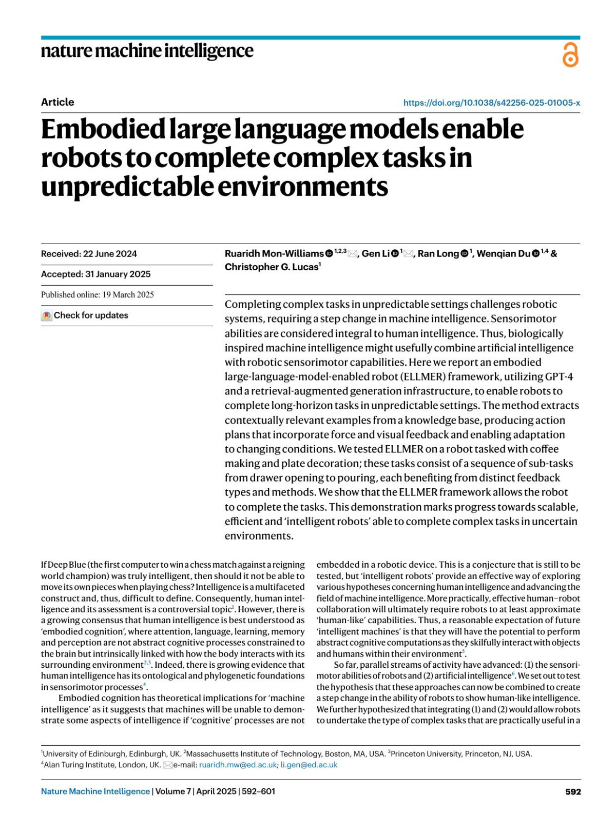 Embodied Large Language Models Enable Robots To Complete Complex Tasks In Unpredictable Environments Ruaridh Monwilliams Gen Li Ran Long Wenqian Du Christopher G Lucas