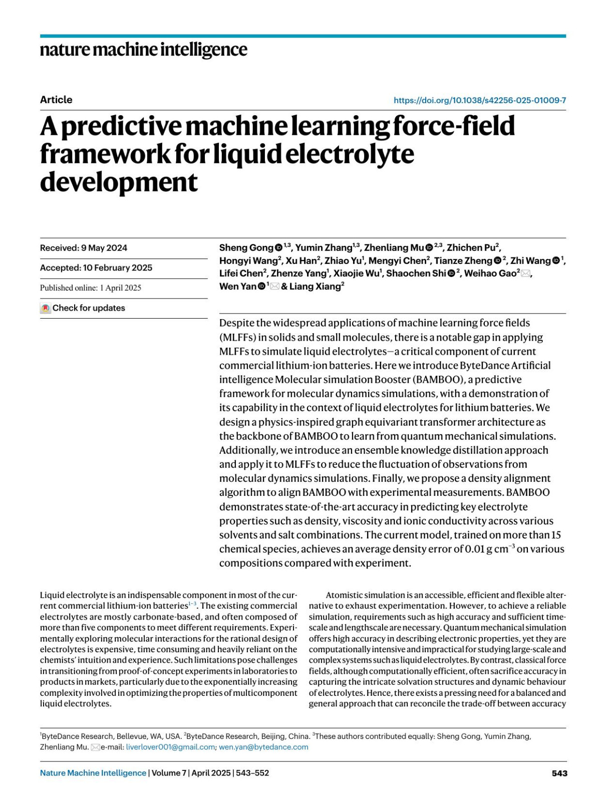 A Predictive Machine Learning Forcefield Framework For Liquid Electrolyte Development Sheng Gong Yumin Zhang Zhenliang Mu Zhichen Pu Hongyi Wang Xu Han Zhiao Yu Mengyi Chen Tianze Zheng Zhi Wang Lifei Chen Zhenze Yang Xiaojie Wu Shaochen Shi Weihao Gao Wen Yan Liang Xiang