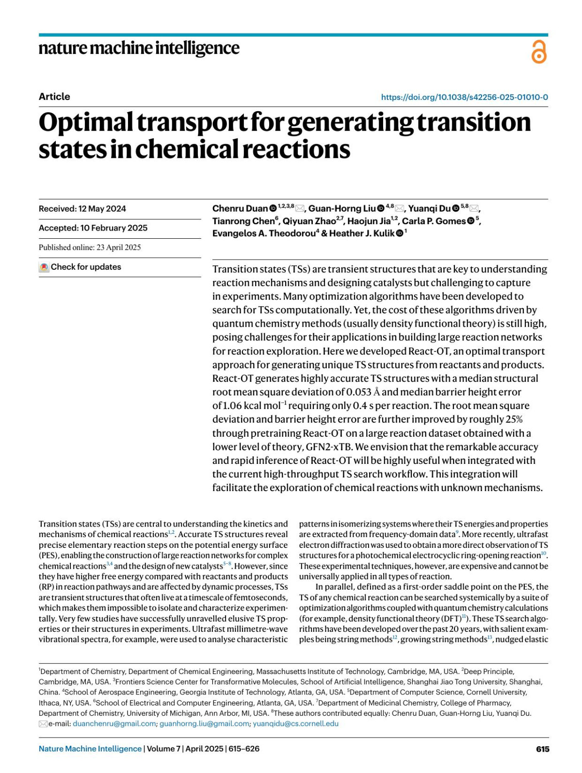 Optimal Transport For Generating Transition States In Chemical Reactions Chenru Duan Guanhorng Liu Yuanqi Du Tianrong Chen Qiyuan Zhao Haojun Jia Carla P Gomes Evangelos A Theodorou Heather J Kulik