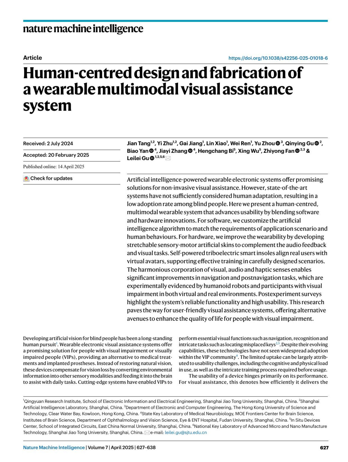 Humancentred Design And Fabrication Of A Wearable Multimodal Visual Assistance System Jian Tang Yi Zhu Gai Jiang Lin Xiao Wei Ren Yu Zhou Qinying Gu Biao Yan Jiayi Zhang Hengchang Bi Xing Wu Zhiyong Fan Leilei Gu