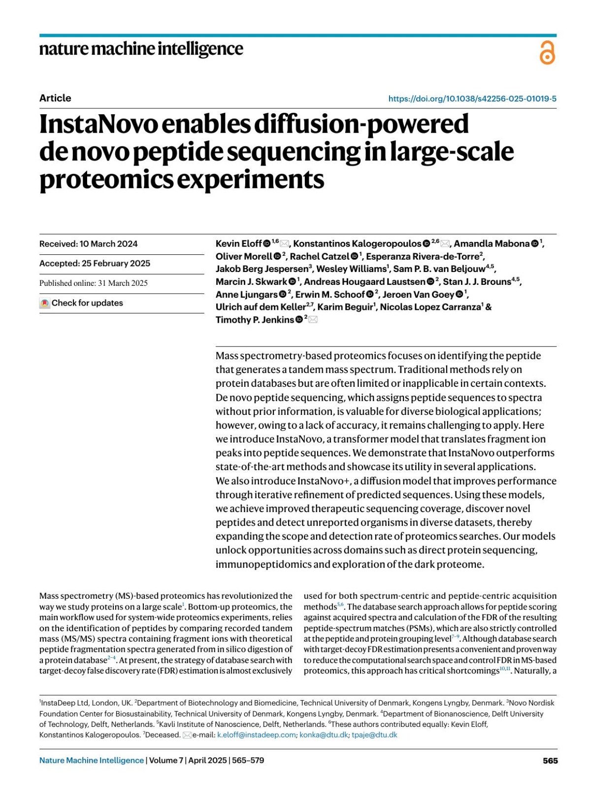 Instanovo Enables Diffusionpowered De Novo Peptide Sequencing In Largescale Proteomics Experiments Kevin Eloff Konstantinos Kalogeropoulos Amandla Mabona Oliver Morell Rachel Catzel Esperanza Riveradetorre Jakob Berg Jespersen Wesley Williams Sam P B Beljouw Marcin J Skwark Andreas Hougaard Laustsen Stan J J Brouns