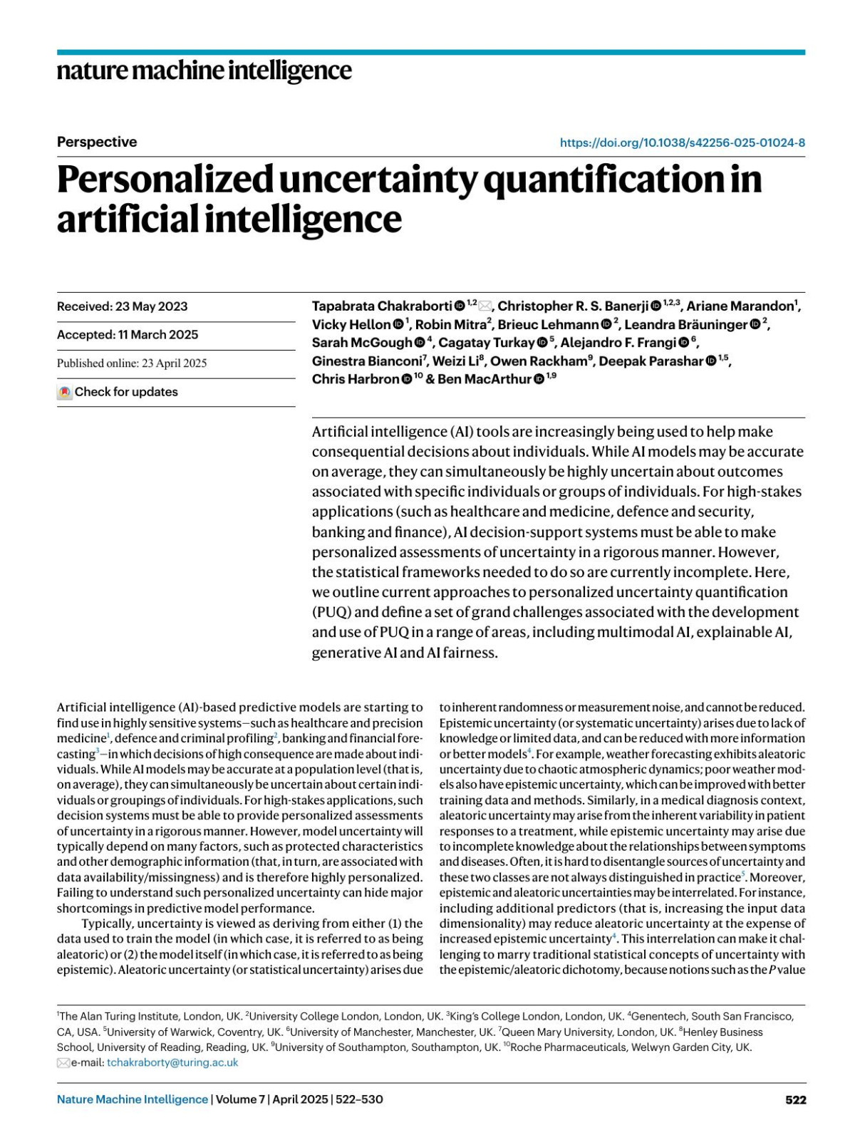 Personalized Uncertainty Quantification In Artificial Intelligence Tapabrata Chakraborti Christopher R S Banerji Ariane Marandon Vicky Hellon Robin Mitra Brieuc Lehmann Leandra Bräuninger Sarah Mcgough Cagatay Turkay Alejandro F Frangi Ginestra Bianconi Weizi Li Owen Rackham Deepak