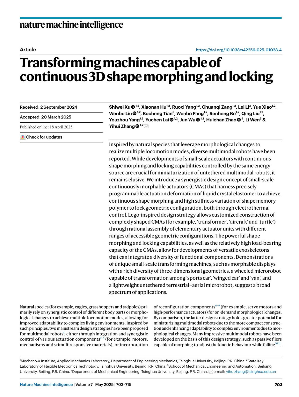 Transforming Machines Capable Of Continuous 3d Shape Morphing And Locking Shiwei Xu Xiaonan Hu Ruoxi Yang Chuanqi Zang Lei Li Yue Xiao Wenbo Liu Bocheng Tian Wenbo Pang Renheng Bo Qing Liu Youzhou Yang Yuchen Lai Jun Wu Huichan Zhao Li Wen Yihui Zhang