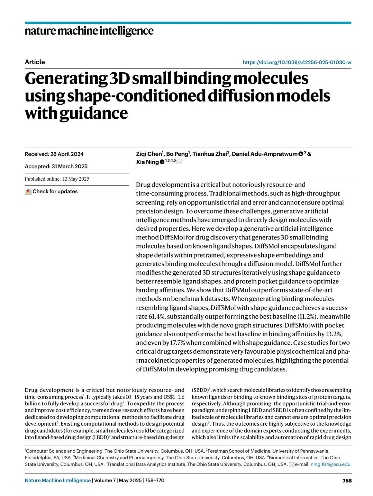 Generating 3d Small Binding Molecules Using Shapeconditioned Diffusion Models With Guidance Ziqi Chen Bo Peng Tianhua Zhai Daniel Aduampratwum Xia Ning