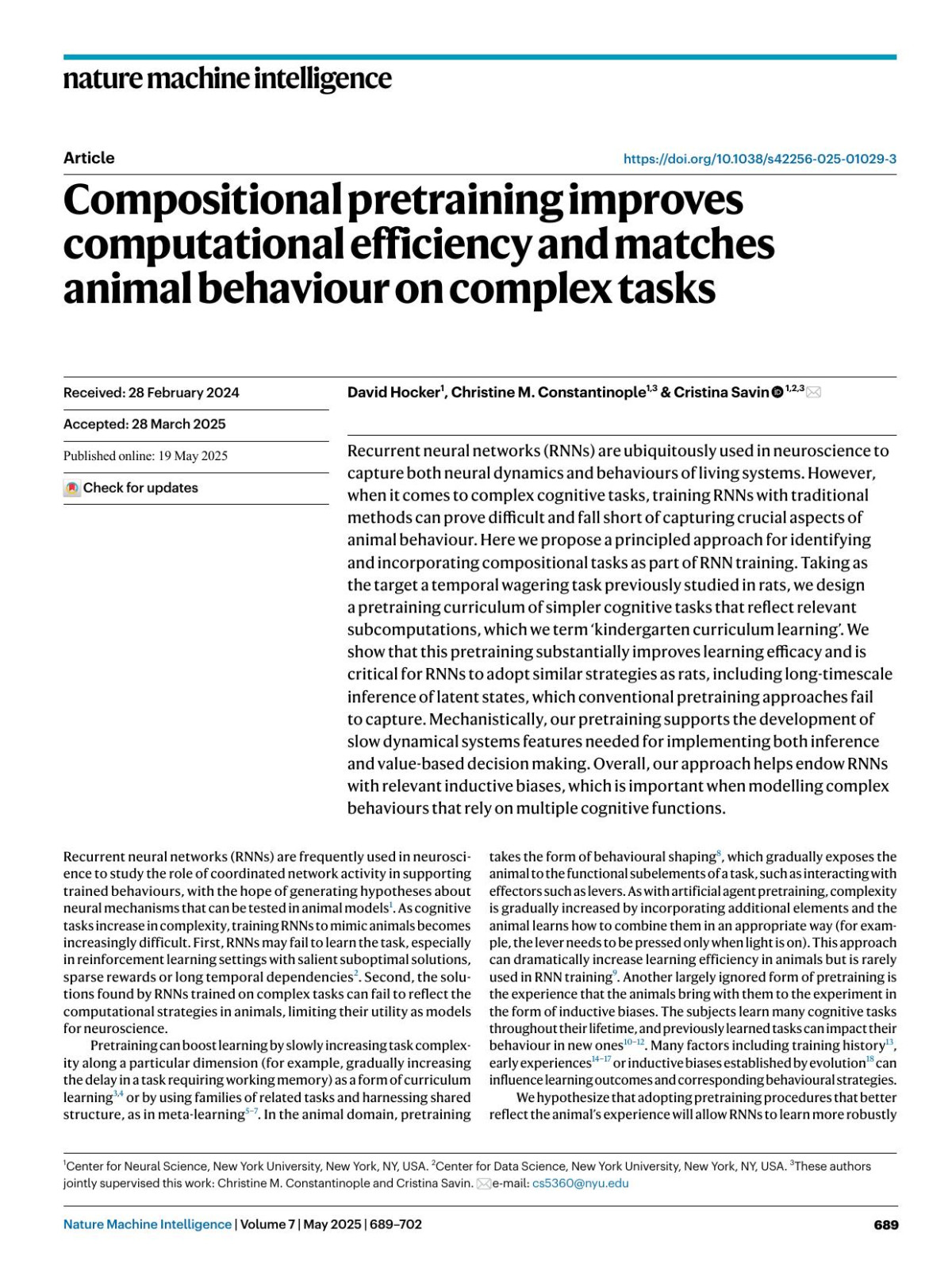 Compositional Pretraining Improves Computational Efficiency And Matches Animal Behaviour On Complex Tasks David Hocker Christine M Constantinople Cristina Savin
