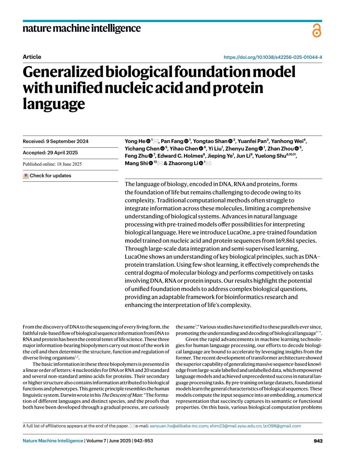 Generalized Biological Foundation Model With Unified Nucleic Acid And Protein Language Yong He Pan Fang Yongtao Shan Yuanfei Pan Yanhong Wei Yichang Chen Yihao Chen Yi Liu Zhenyu Zeng Zhan Zhou Feng Zhu Edward C Holmes Jieping Ye Jun Li Yuelong Shu Mang Shi Zhaorong Li