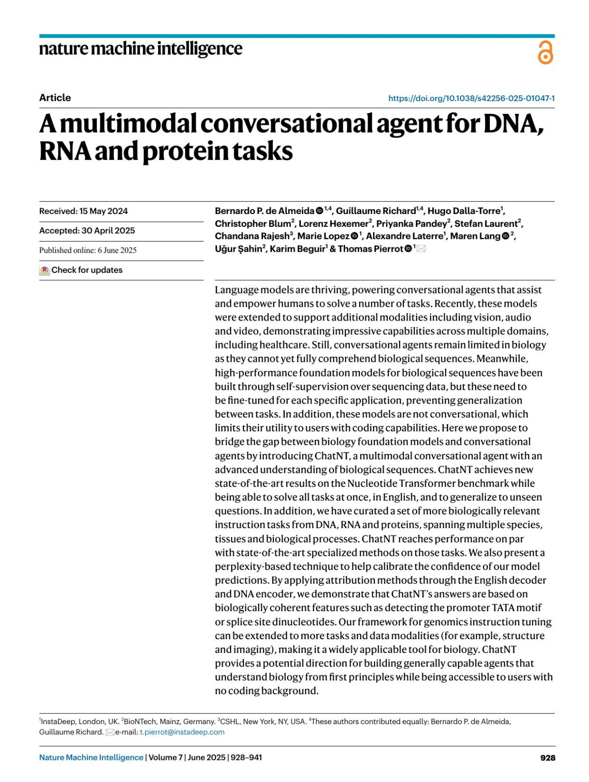 A Multimodal Conversational Agent For Dna Rna And Protein Tasks Bernardo P De Almeida Guillaume Richard Hugo Dallatorre Christopher Blum Lorenz Hexemer Priyanka Pandey Stefan Laurent Chandana Rajesh Marie Lopez Alexandre Laterre Maren Lang Uğur şahin Karim Beguir Thomas Pierrot