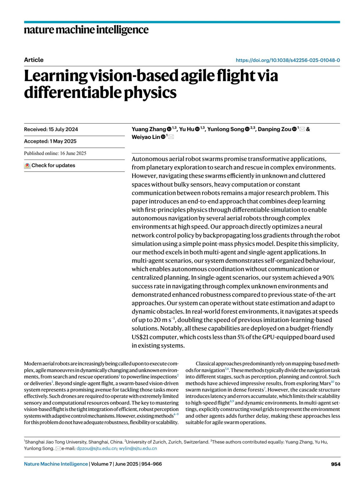 Learning Visionbased Agile Flight Via Differentiable Physics Yuang Zhang Yu Hu Yunlong Song Danping Zou Weiyao Lin
