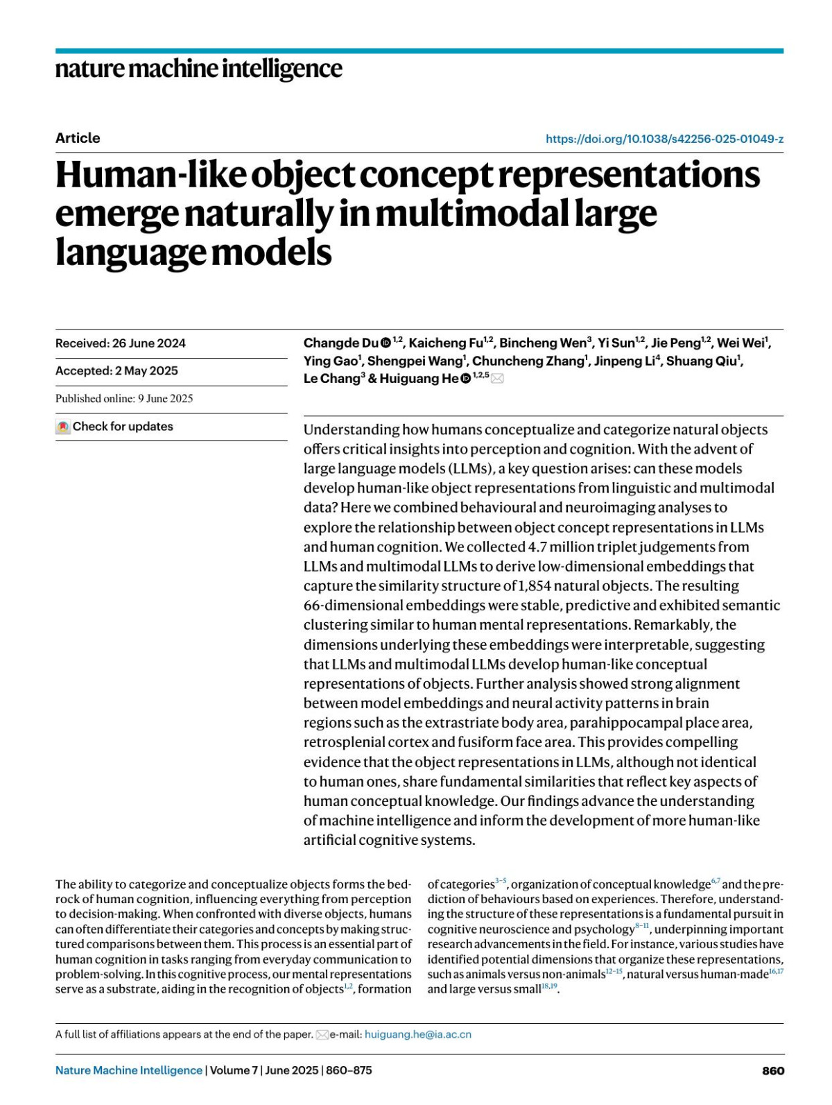 Humanlike Object Concept Representations Emerge Naturally In Multimodal Large Language Models Changde Du Kaicheng Fu Bincheng Wen Yi Sun Jie Peng Wei Wei Ying Gao Shengpei Wang Chuncheng Zhang Jinpeng Li Shuang Qiu Le Chang Huiguang He
