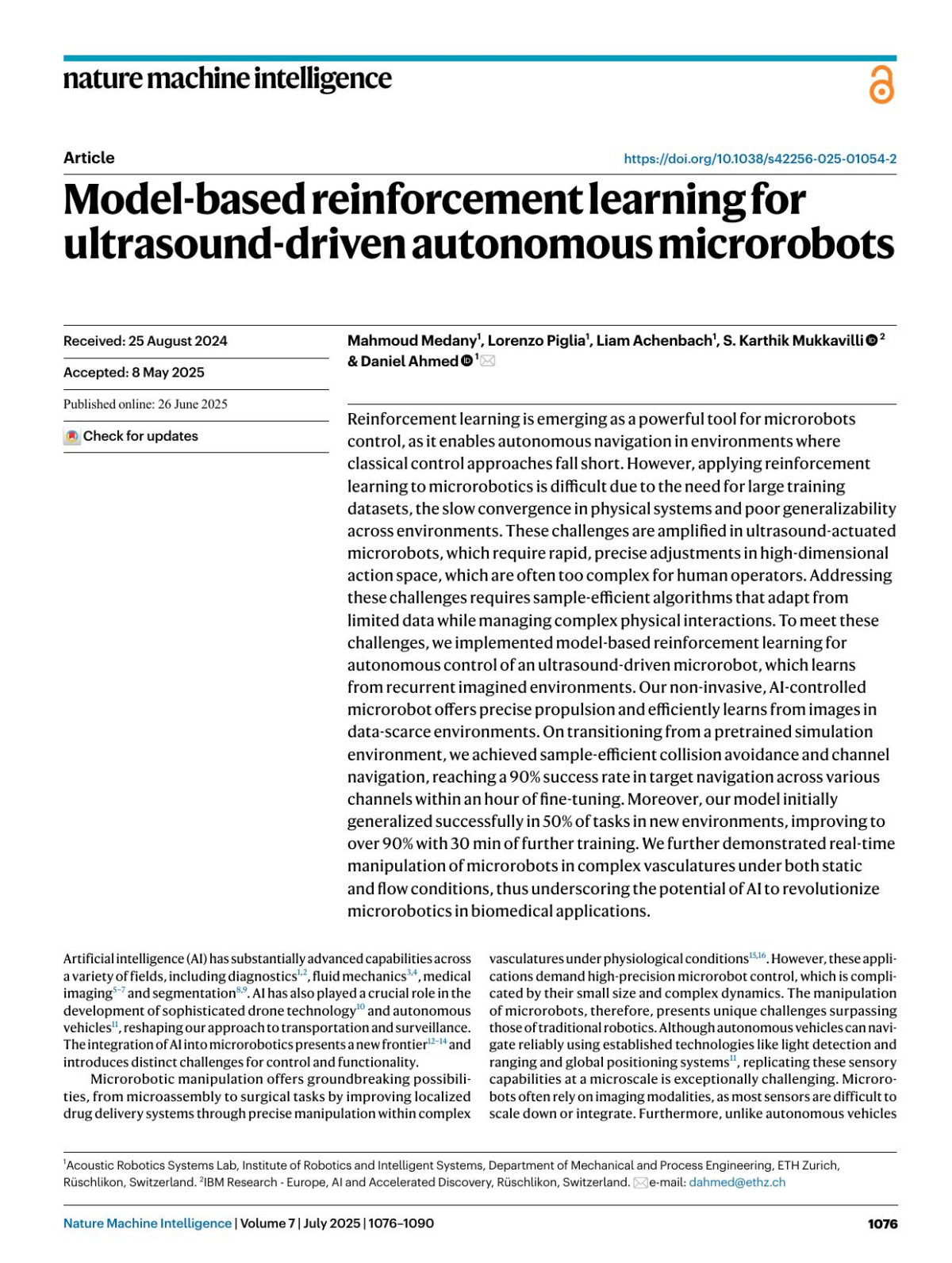 Modelbased Reinforcement Learning For Ultrasounddriven Autonomous Microrobots Mahmoud Medany Lorenzo Piglia Liam Achenbach S Karthik Mukkavilli Daniel Ahmed