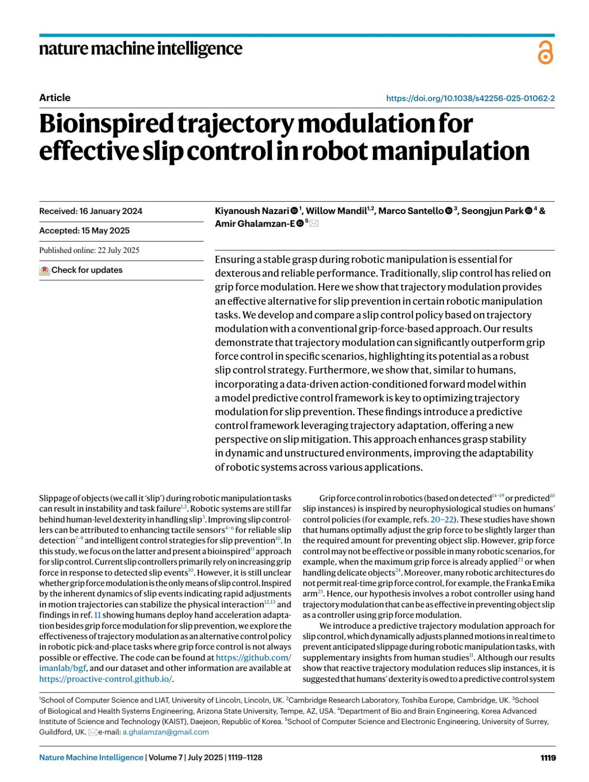 Bioinspired Trajectory Modulation For Effective Slip Control In Robot Manipulation Kiyanoush Nazari Willow Mandil Marco Santello Seongjun Park Amir Ghalamzane