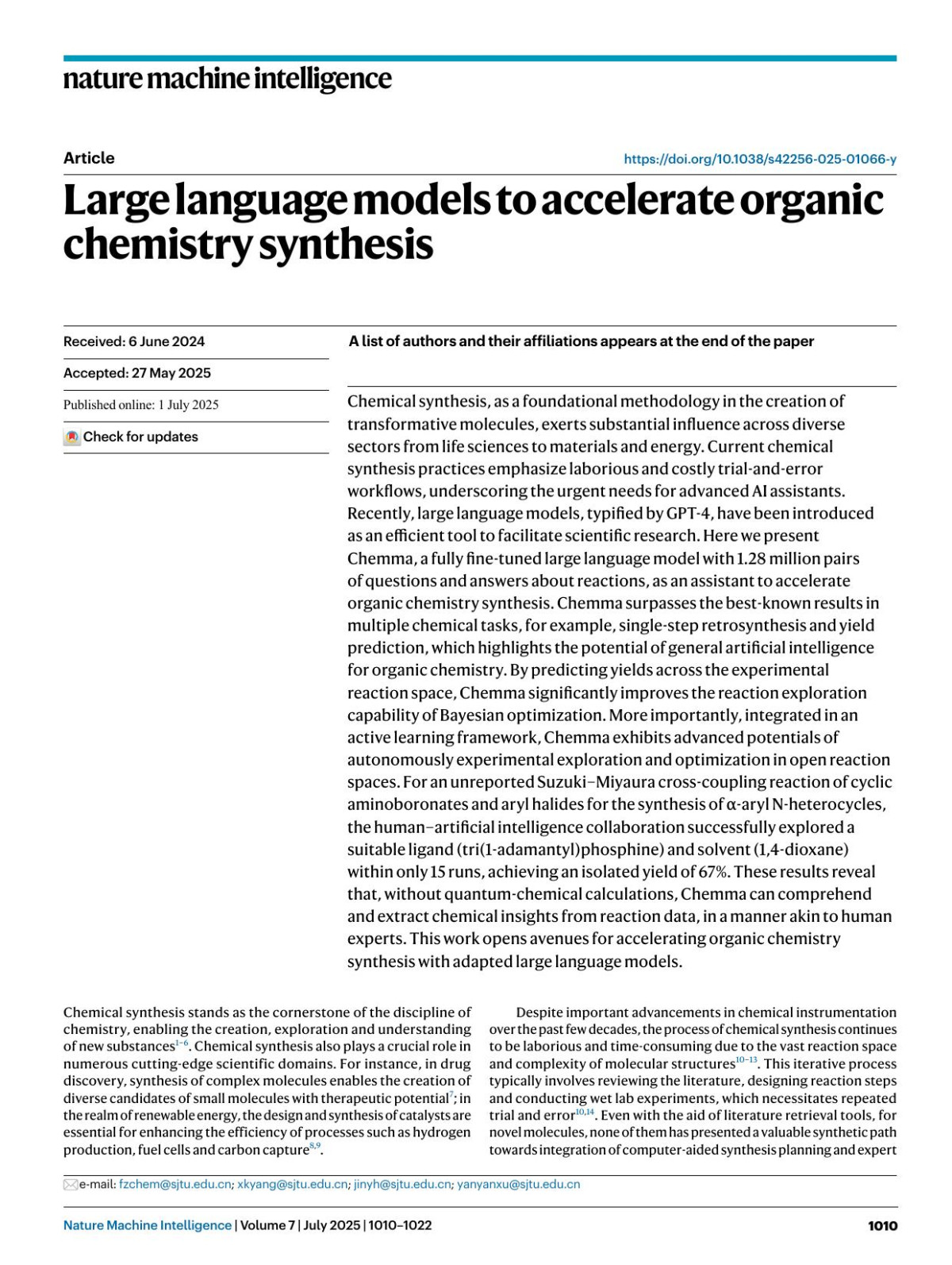 Large Language Models To Accelerate Organic Chemistry Synthesis Yu Zhang Yang Han Shuai Chen Ruijie Yu Xin Zhao Xianbin Liu Kaipeng Zeng Mengdi Yu Jidong Tian Feng Zhu Xiaokang Yang Yaohui Jin Yanyan Xu