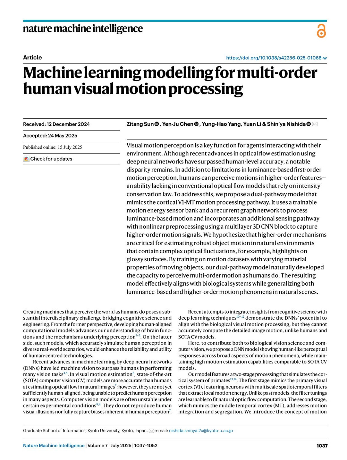 Machine Learning Modelling For Multiorder Human Visual Motion Processing Zitang Sun Yenju Chen Yunghao Yang Yuan Li Shinya Nishida