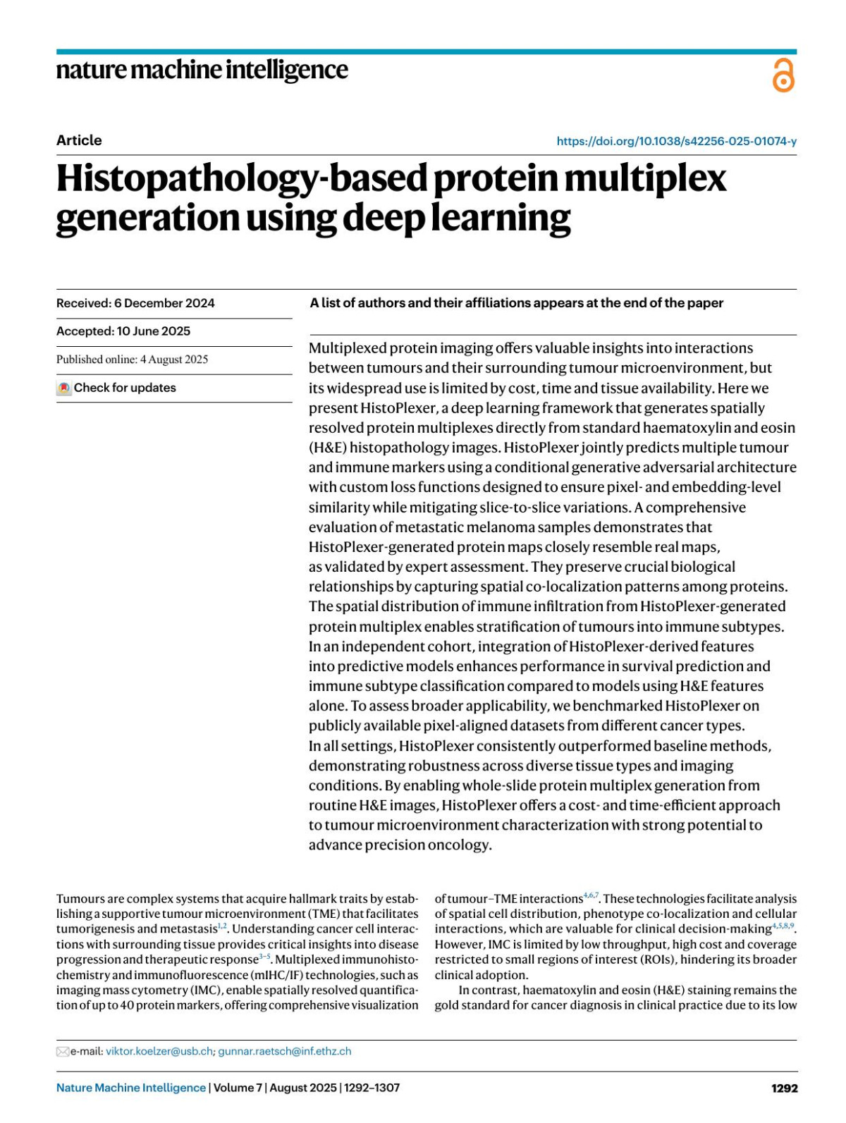 Histopathologybased Protein Multiplex Generation Using Deep Learning Sonali Andani Boqi Chen Joanna Ficekpascual Simon Heinke Ruben Casanova Bernard Friedrich Hild Bettina Sobottka Bernd Bodenmiller Rudolf Aebersold Melike Ak Faisal S Alquaddoomi Silvana I Albert Jonas Albinus Ilaria