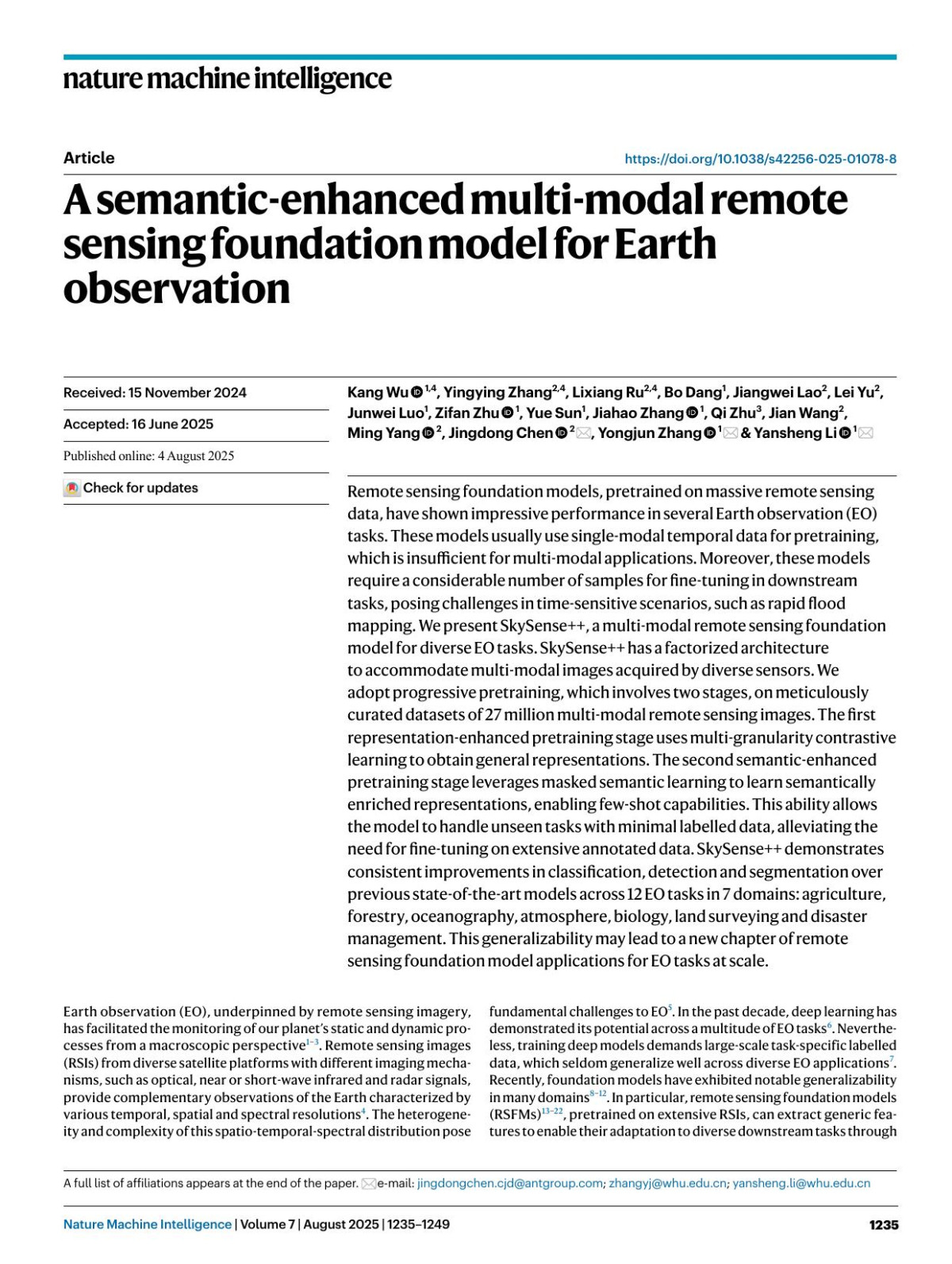 A Semanticenhanced Multimodal Remote Sensing Foundation Model For Earth Observation Kang Wu Yingying Zhang Lixiang Ru Bo Dang Jiangwei Lao Lei Yu Junwei Luo Zifan Zhu Yue Sun Jiahao Zhang Qi Zhu Jian Wang Ming Yang Jingdong Chen Yongjun Zhang Yansheng Li