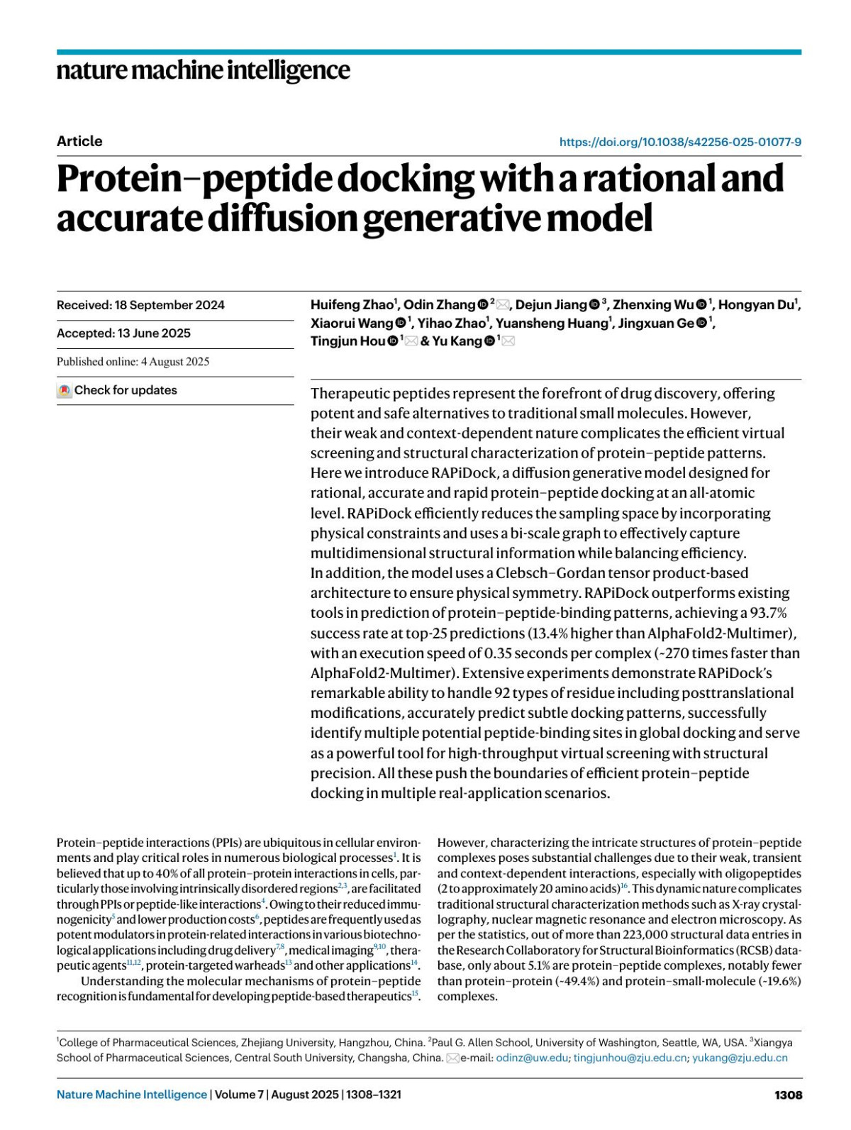 Proteinpeptide Docking With A Rational And Accurate Diffusion Generative Model Huifeng Zhao Odin Zhang Dejun Jiang Zhenxing Wu Hongyan Du Xiaorui Wang Yihao Zhao Yuansheng Huang Jingxuan Ge Tingjun Hou Yu Kang