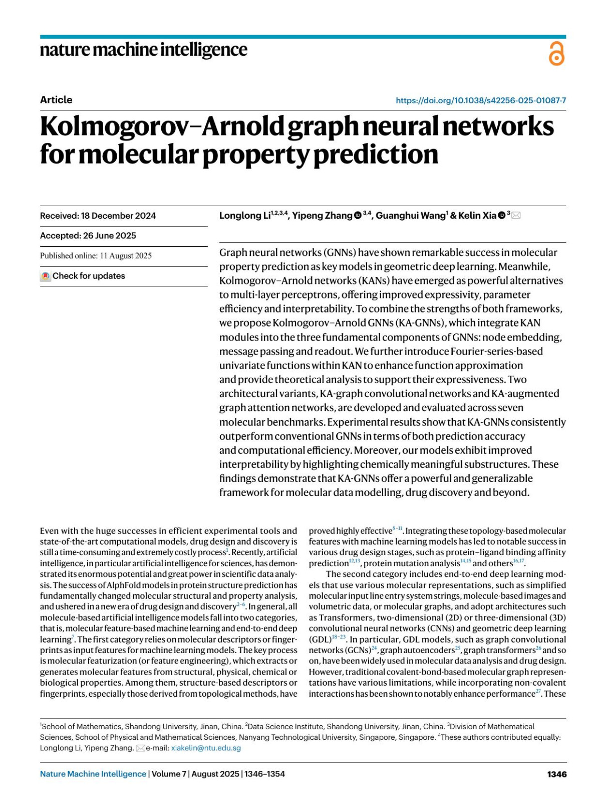 Kolmogorovarnold Graph Neural Networks For Molecular Property Prediction Longlong Li Yipeng Zhang Guanghui Wang Kelin Xia