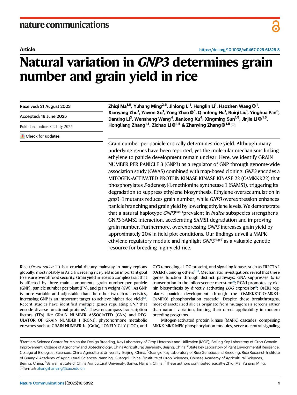 Natural Variation In Gnp3 Determines Grain Number And Grain Yield In Rice 1st Edition Zhiqi Ma Yuhang Ming Jinlong Li Honglin Li Haozhen Wang Xiaoyang Zhu Yawen Xu Yong Zhao Qianfeng Hu Ruiqi Liu Yinghua Pan Danting Li Wensheng Wang Jianlong Xu Xingming Sun Jinjie Li Hongliang Zhang Zichao Li Zhanying