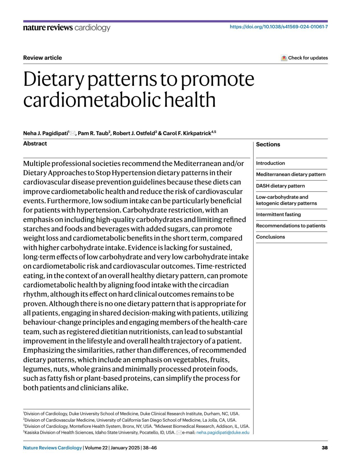 Dietary Patterns To Promote Cardiometabolic Health Neha J Pagidipati Pam R Taub Robert J Ostfeld Carol F Kirkpatrick