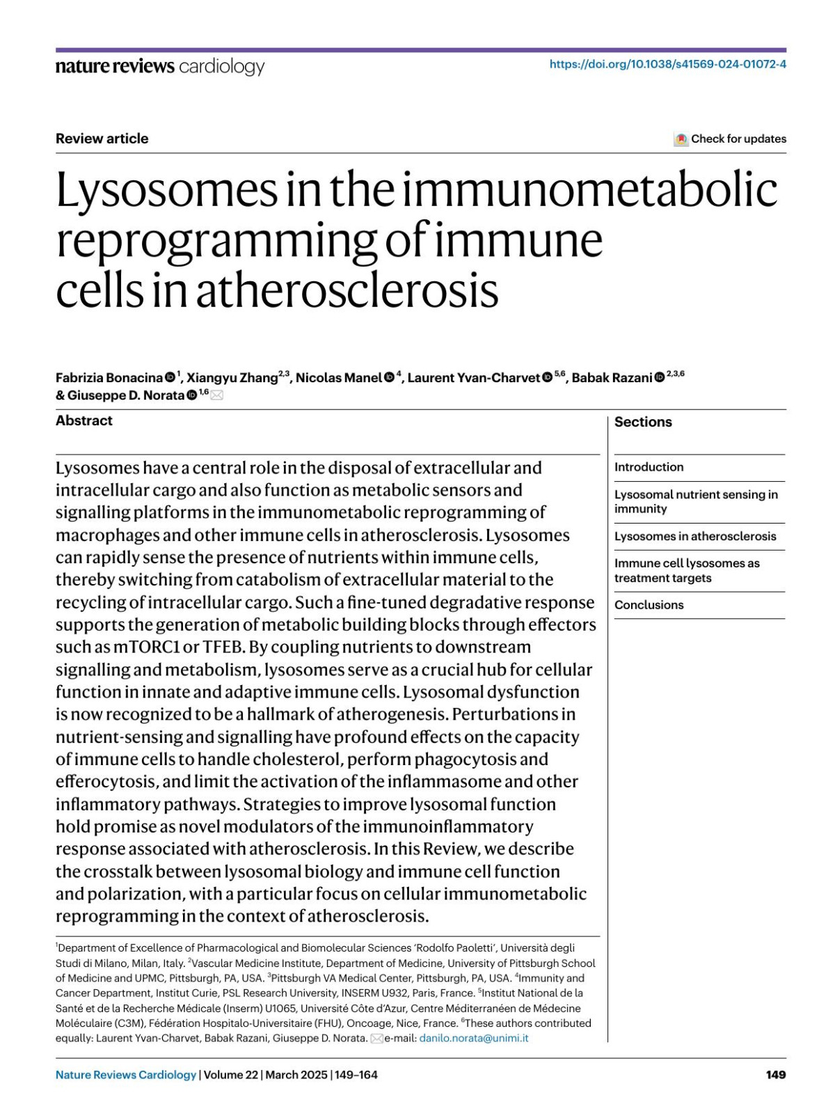 Lysosomes In The Immunometabolic Reprogramming Of Immune Cells In Atherosclerosis Fabrizia Bonacina Xiangyu Zhang Nicolas Manel Laurent Yvancharvet Babak Razani Giuseppe D Norata