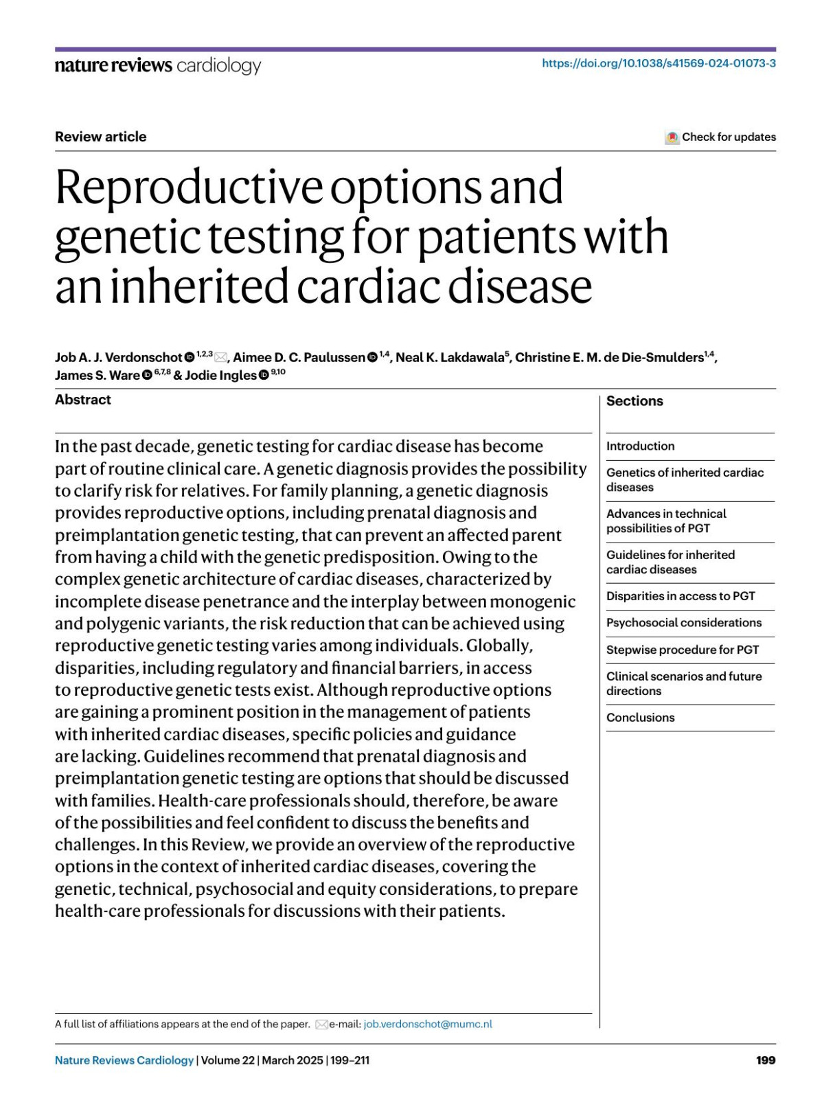 Reproductive Options And Genetic Testing For Patients With An Inherited Cardiac Disease Job A J Verdonschot Aimee D C Paulussen Neal K Lakdawala Christine E M Diesmulders James S Ware Jodie Ingles