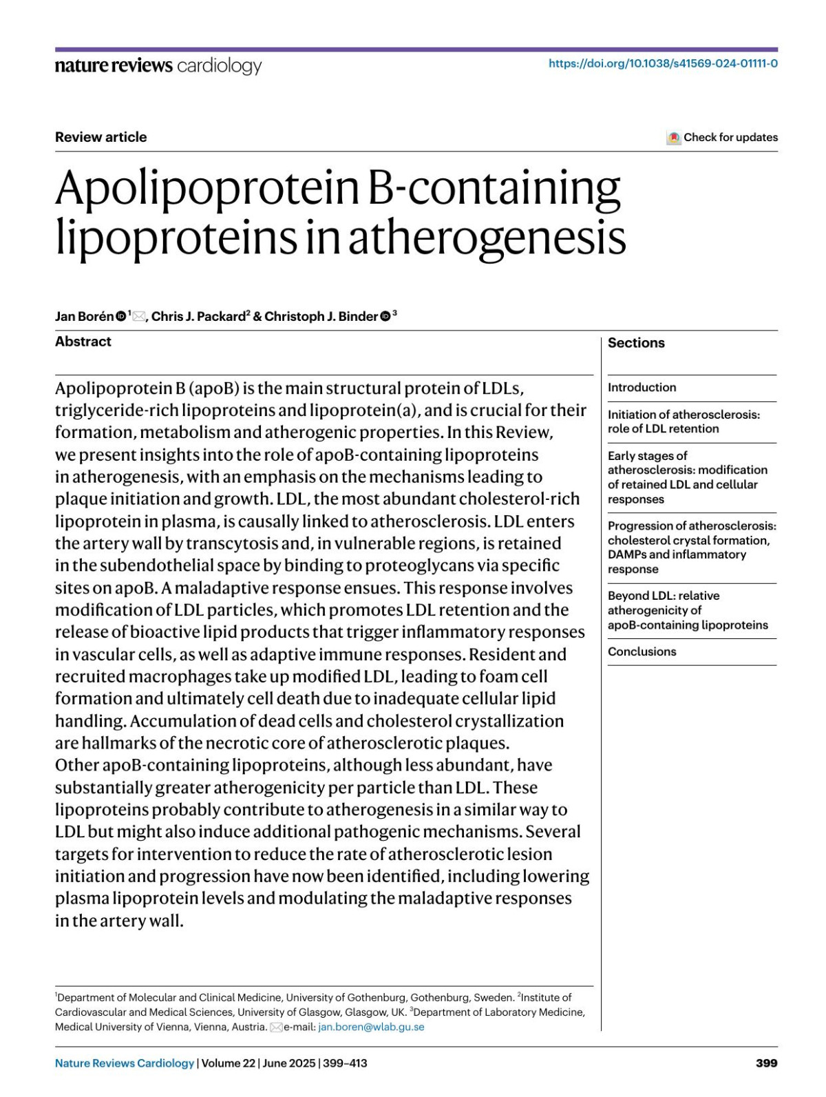 Apolipoprotein Bcontaining Lipoproteins In Atherogenesis Jan Borén Chris J Packard Christoph J Binder