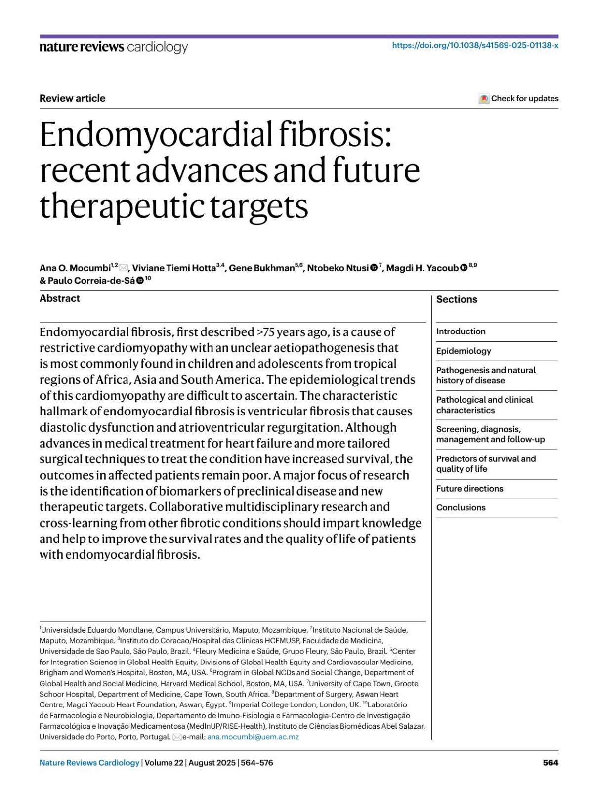 Endomyocardial Fibrosis Recent Advances And Future Therapeutic Targets Ana O Mocumbi Viviane Tiemi Hotta Gene Bukhman Ntobeko Ntusi Magdi H Yacoub Paulo Correiadesá