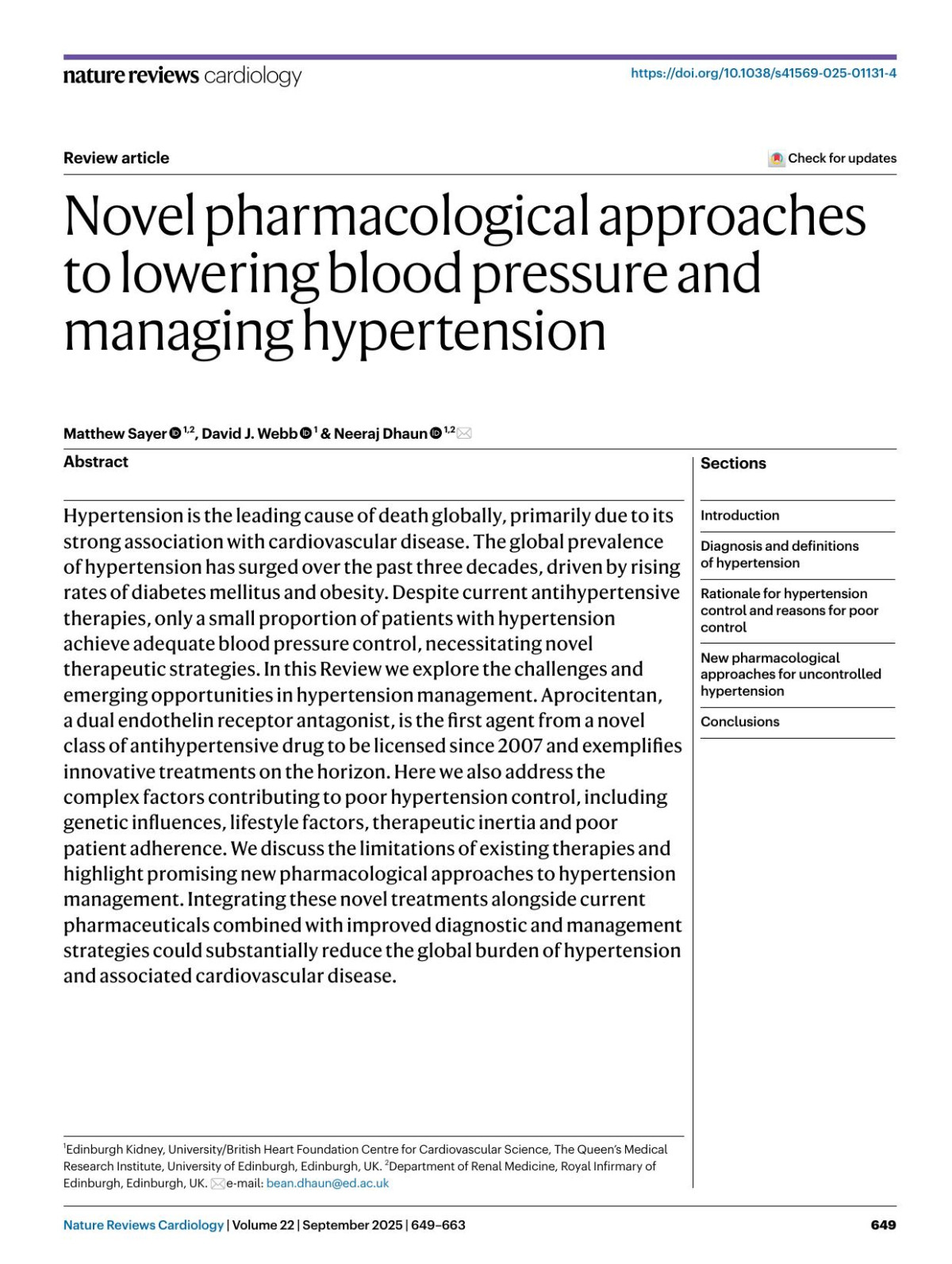 Novel Pharmacological Approaches To Lowering Blood Pressure And Managing Hypertension Matthew Sayer David J Webb Neeraj Dhaun