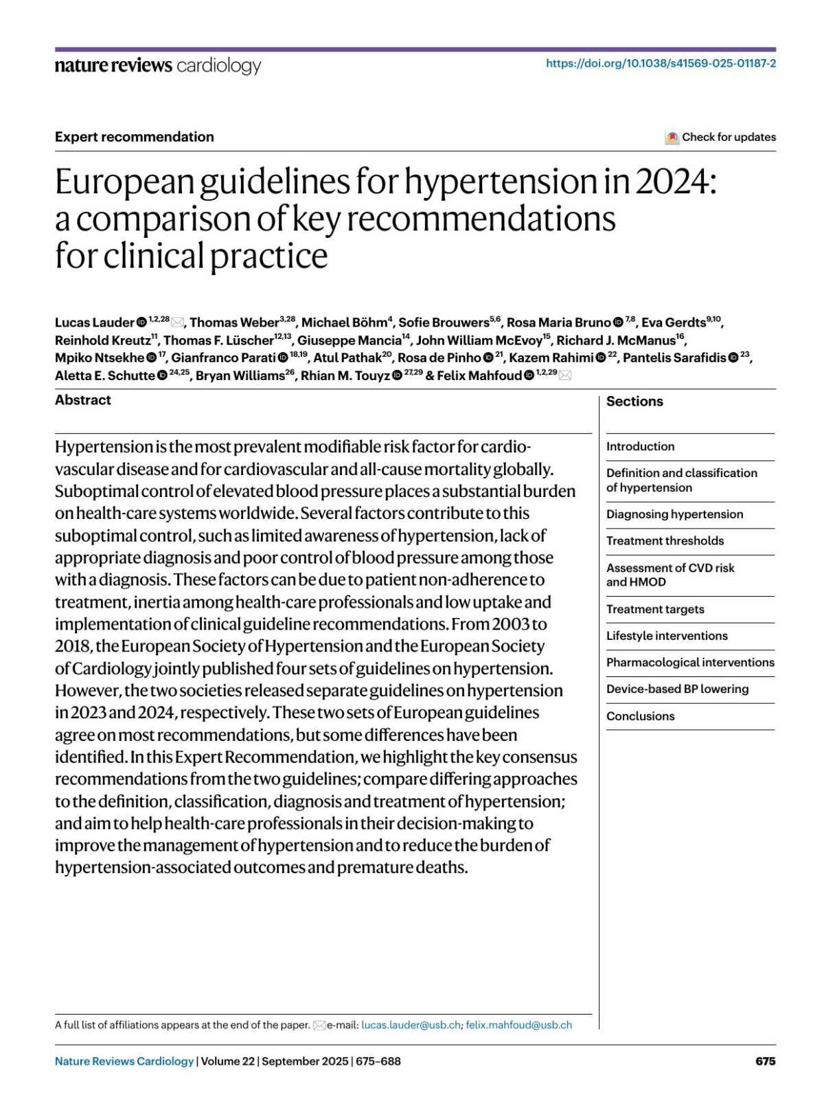 European Guidelines For Hypertension In 2024 A Comparison Of Key Recommendations For Clinical Practice Lucas Lauder Thomas Weber Michael Böhm Sofie Brouwers Rosa Maria Bruno Eva Gerdts Reinhold Kreutz Thomas F Lüscher Giuseppe Mancia John William Mcevoy Richard J Mcmanus Mpiko Ntsekhe Gianfranco Parati Atul Pathak Rosa