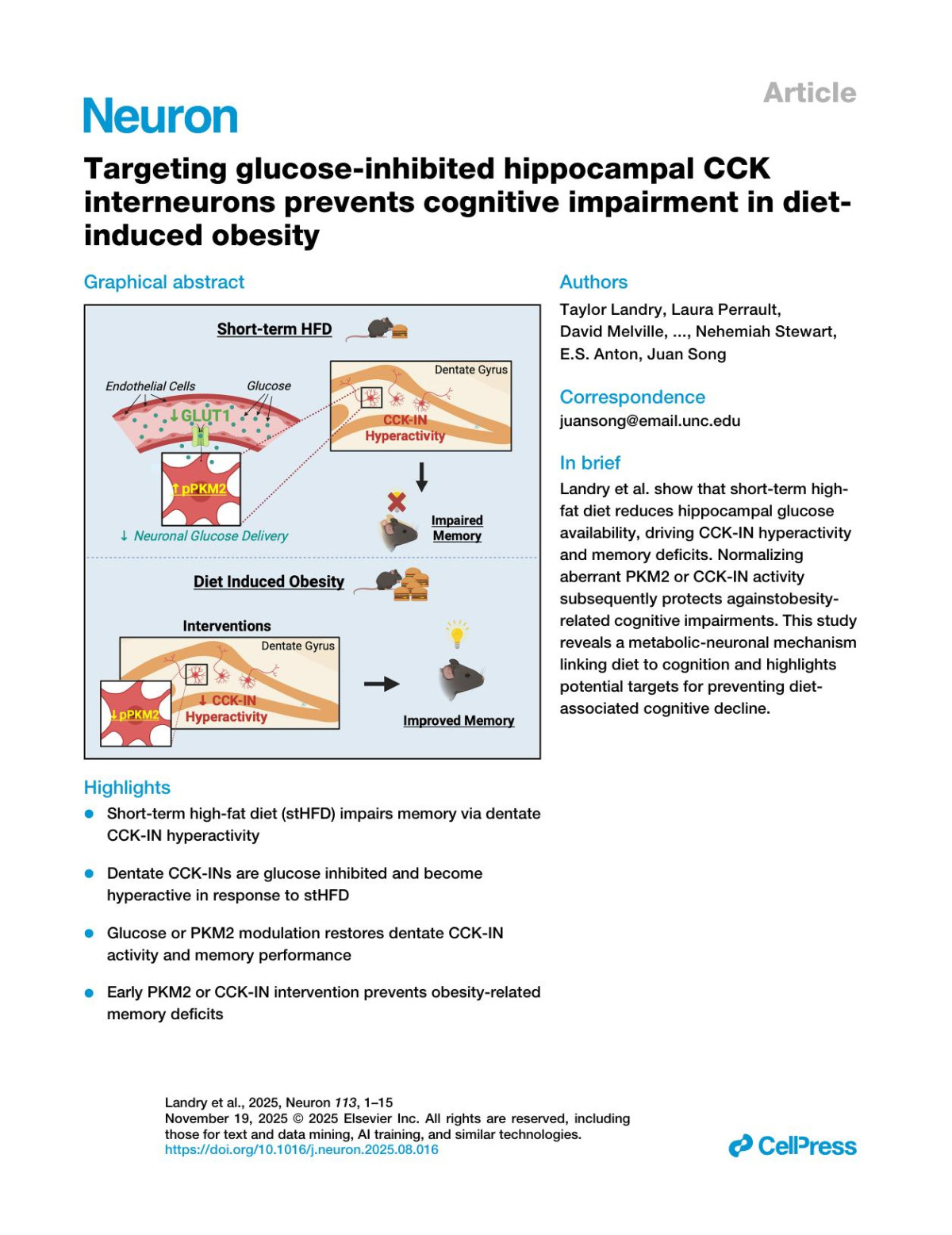 Targeting Glucoseinhibited Hippocampal Cck Interneurons Prevents Cognitive Impairment In Dietinduced Obesity Taylor Landry Laura Perrault David Melville Zhe Chen Yadong Li Ping Dong W Todd Farmer Brent Asrican Hannah Lee Libo Zhang Ryan N Sheehy Corina Damian Thomas Collins Nehemiah Stewart Es Anton Juan Song