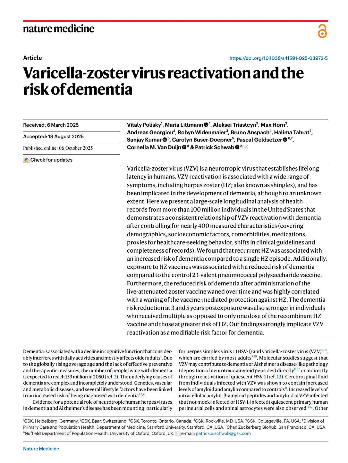 Varicellazoster Virus Reactivation And The Risk Of Dementia Vitaly Polisky Maria Littmann Aleksei Triastcyn Max Horn Andreas Georgiou Robyn Widenmaier Bruno Anspach Halima Tahrat Sanjay Kumar Carolyn Buserdoepner Pascal Geldsetzer Cornelia M Duijn Patrick Schwab
