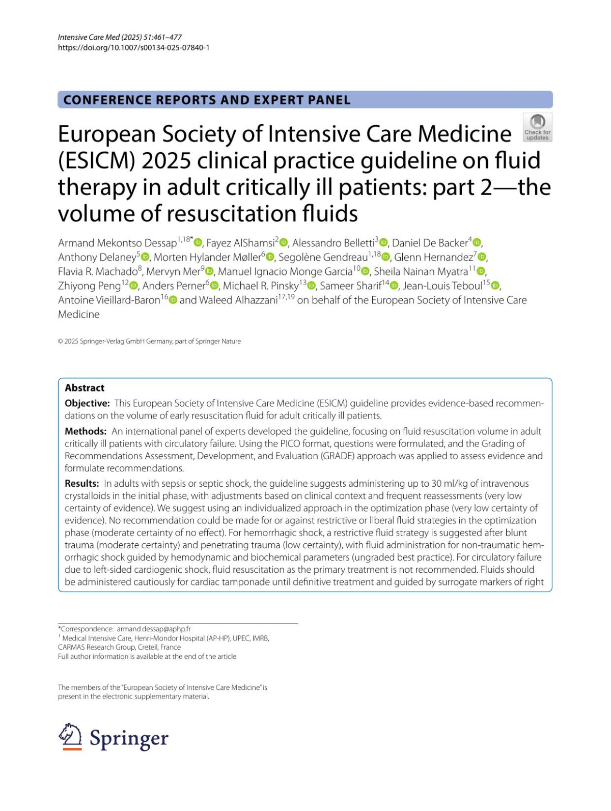 European Society Of Intensive Care Medicine Esicm 2025 Clinical Practice Guideline On Fluid Therapy In Adult Critically Ill Patients Part 2the Volume Of Resuscitation Fluids Armand Mekontso Dessap Fayez Alshamsi Alessandro Belletti Daniel De Backer Anthony Delaney Morten Hylander Møller Segolène Gendreau Glenn Hernandez Flavia R Machado Mervyn Mer Manuel Ignacio Monge Garcia Sheila Nainan Myatra