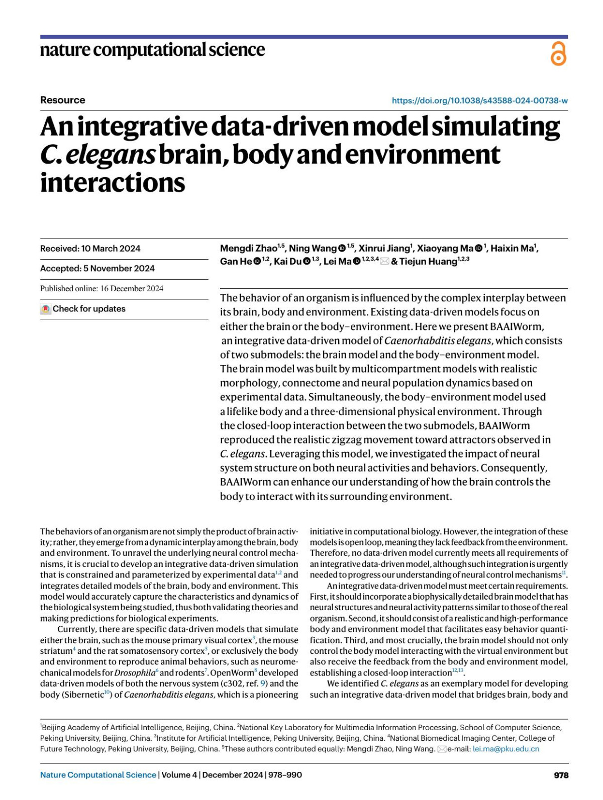 An Integrative Datadriven Model Simulating C Elegans Brain Body And Environment Interactions Mengdi Zhao Ning Wang Xinrui Jiang Xiaoyang Ma Haixin Ma Gan He Kai Du Lei Ma Tiejun Huang