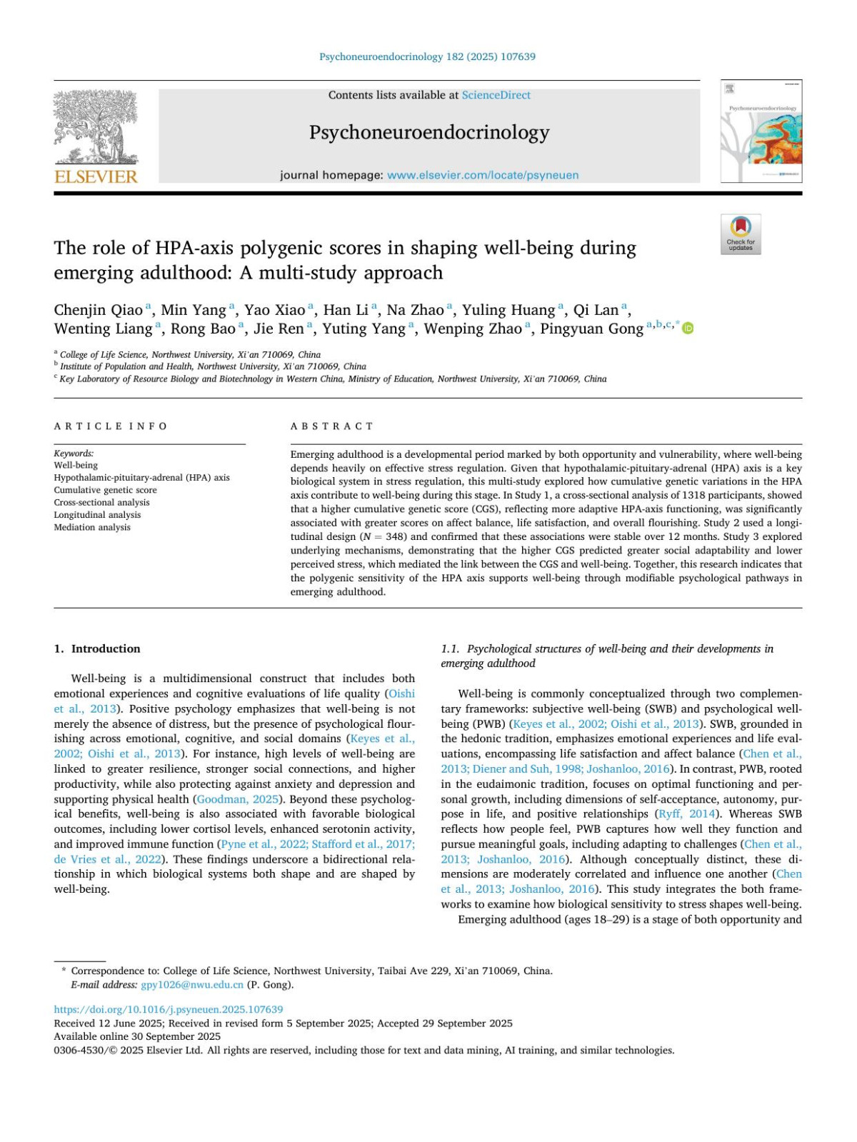 The Role Of Hpaaxis Polygenic Scores In Shaping Wellbeing During Emerging Adulthood A Multistudy Approach Chenjin Qiao
