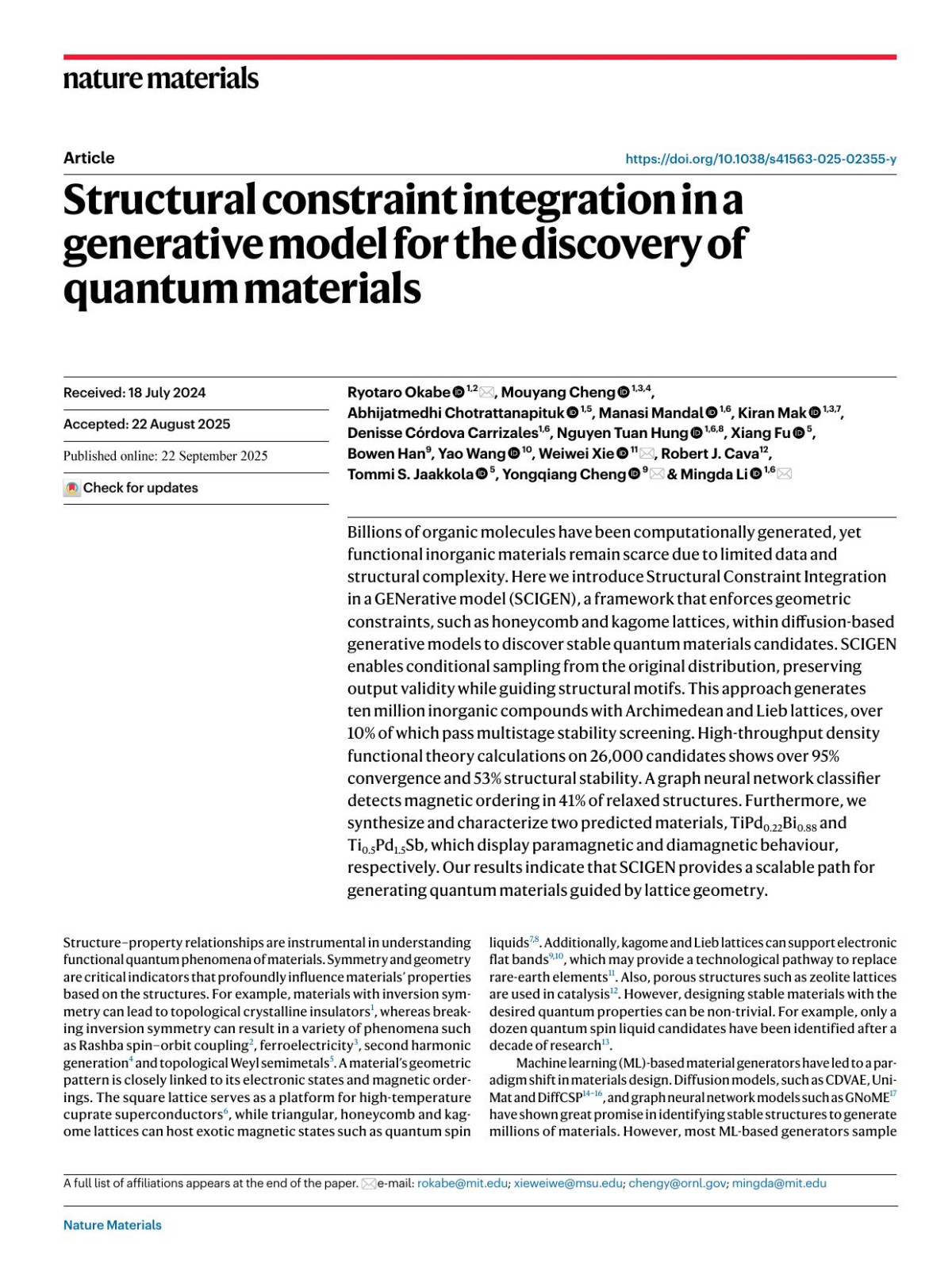 Structural Constraint Integration In A Generative Model For The Discovery Of Quantum Materials Ryotaro Okabe Mouyang Cheng Abhijatmedhi Chotrattanapituk Manasi Mandal Kiran Mak Denisse Campx000f3rdova Carrizales Nguyen Tuan Hung Xiang Fu Bowen Han Yao Wang Weiwei Xie Robert J Cava Tommi S Jaakkola Yongqiang Cheng