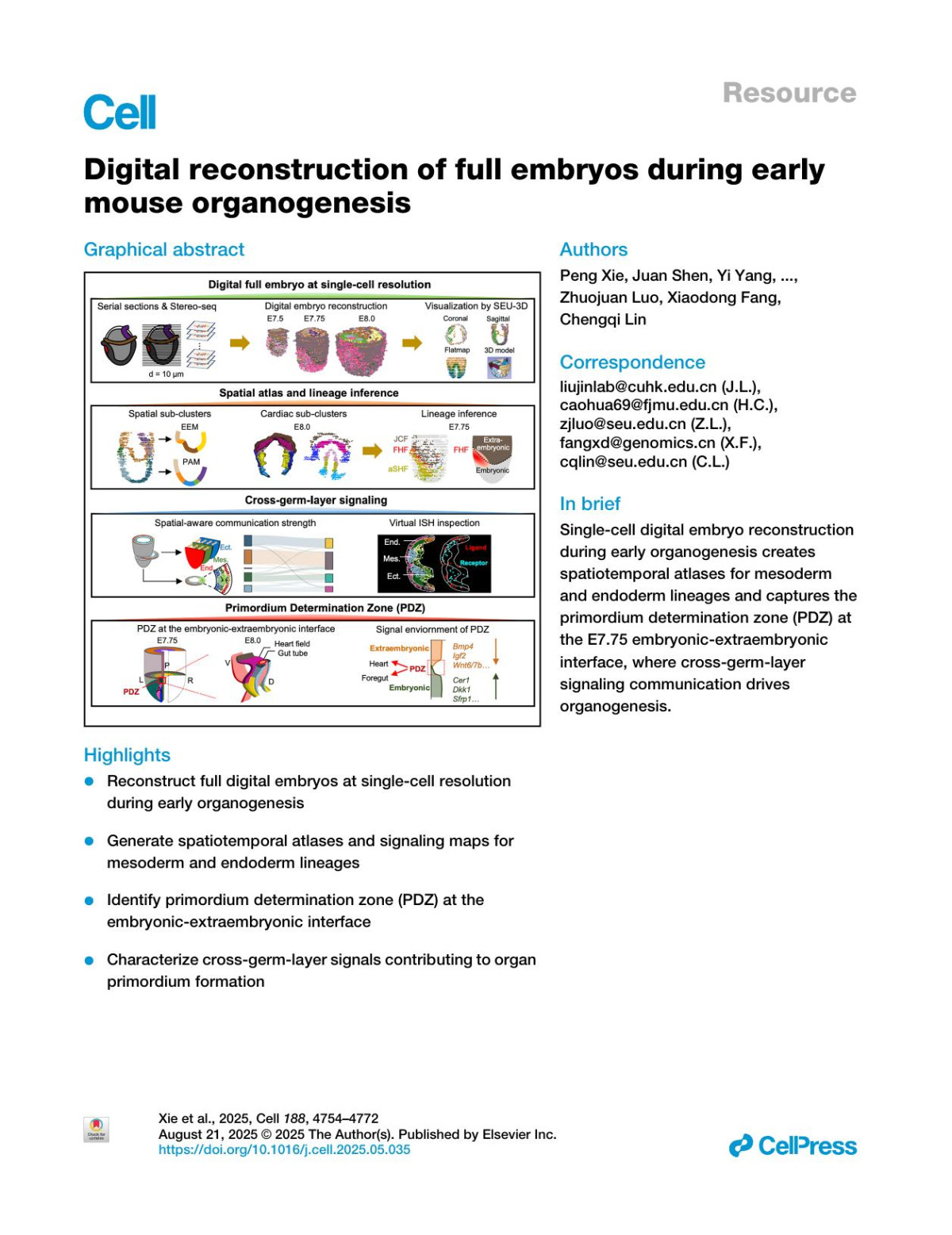 Digital Reconstruction Of Full Embryos During Earlymouse Organogenesis Peng Xie Juan Shen Yi Yang Xinrui Wang Wei Liu Hailong Cao Yanying Zheng Chen Wu Guangyao Mao Linjin Chen Jingjing He Weiheng Zheng Zepu Yang Xiao Zhang Xu Jiang Xianfa Yang Ke Fang Zhao Zhang Xin Xue Xueting Chen