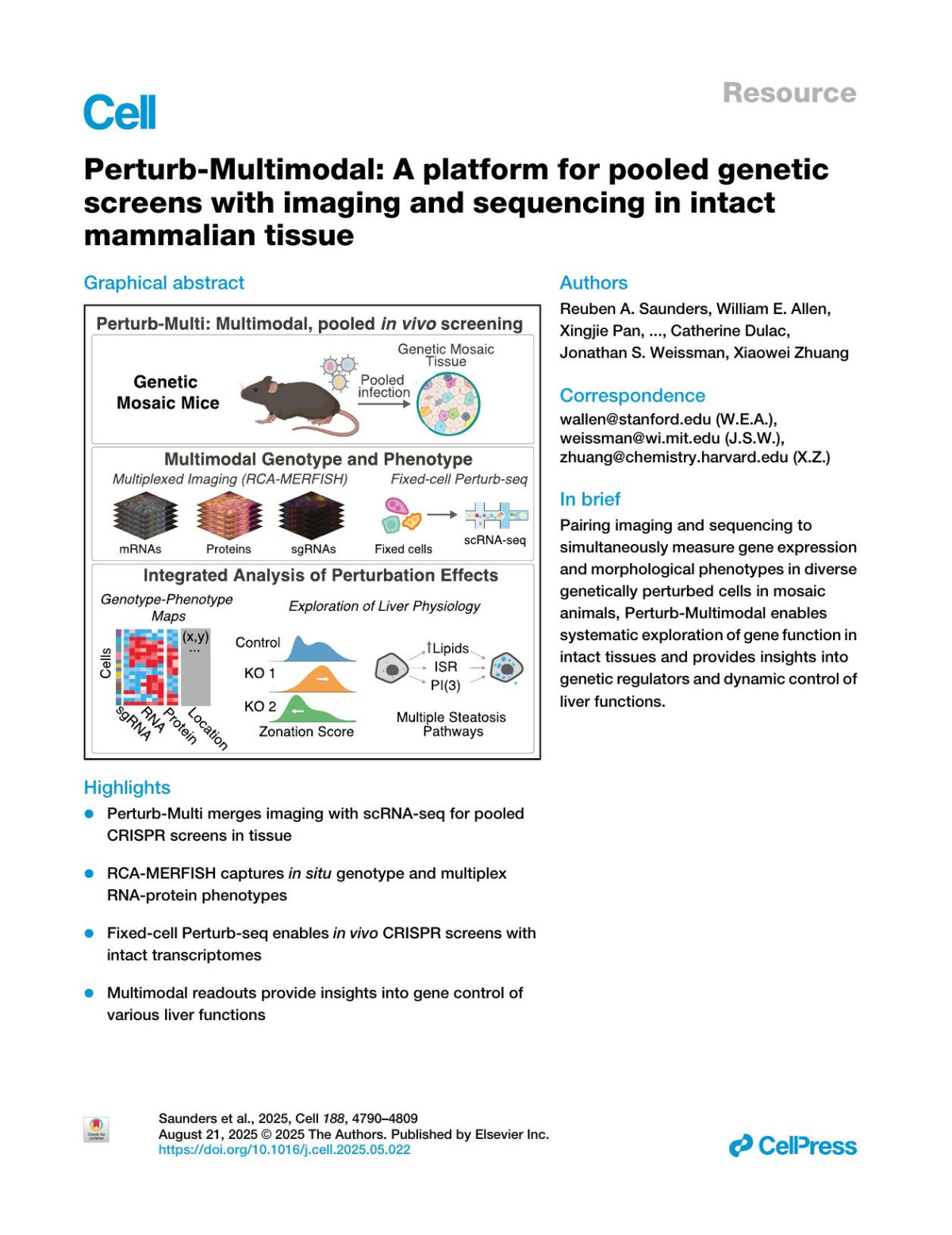 Perturbmultimodal A Platform For Pooled Genetic Screens With Imaging And Sequencing In Intact Mammalian Tissue Reuben A Saunders William E Allen Xingjie Pan Jaspreet Sandhu Jiaqi Lu Thomas K Lau Karina Smolyar Zuri A Sullivan Catherine Dulac Jonathan S Weissman Xiaowei Zhuang