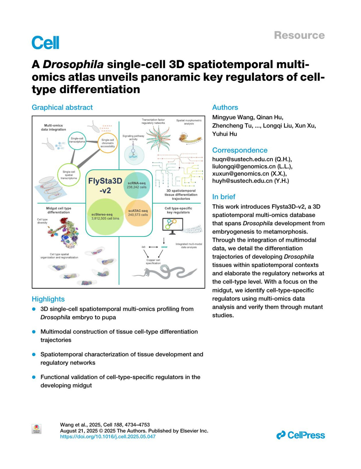 A Drosophila Singlecell 3d Spatiotemporal Multiomics Atlas Unveils Panoramic Key Regulators Of Celltype Differentiation Mingyue Wang Qinan Hu Zhencheng Tu Lingshi Kong Tengxiang Yu Zihan Jia Yuetian Wang Jiajun Yao Rong Xiang Zhan Chen Yan Zhao Yanfei Zhou Qing Ye Kang Ouyang Xianzhe Wang Yinqi Bai Zhenyu Yang Hanxiang Wang Yanru Wang