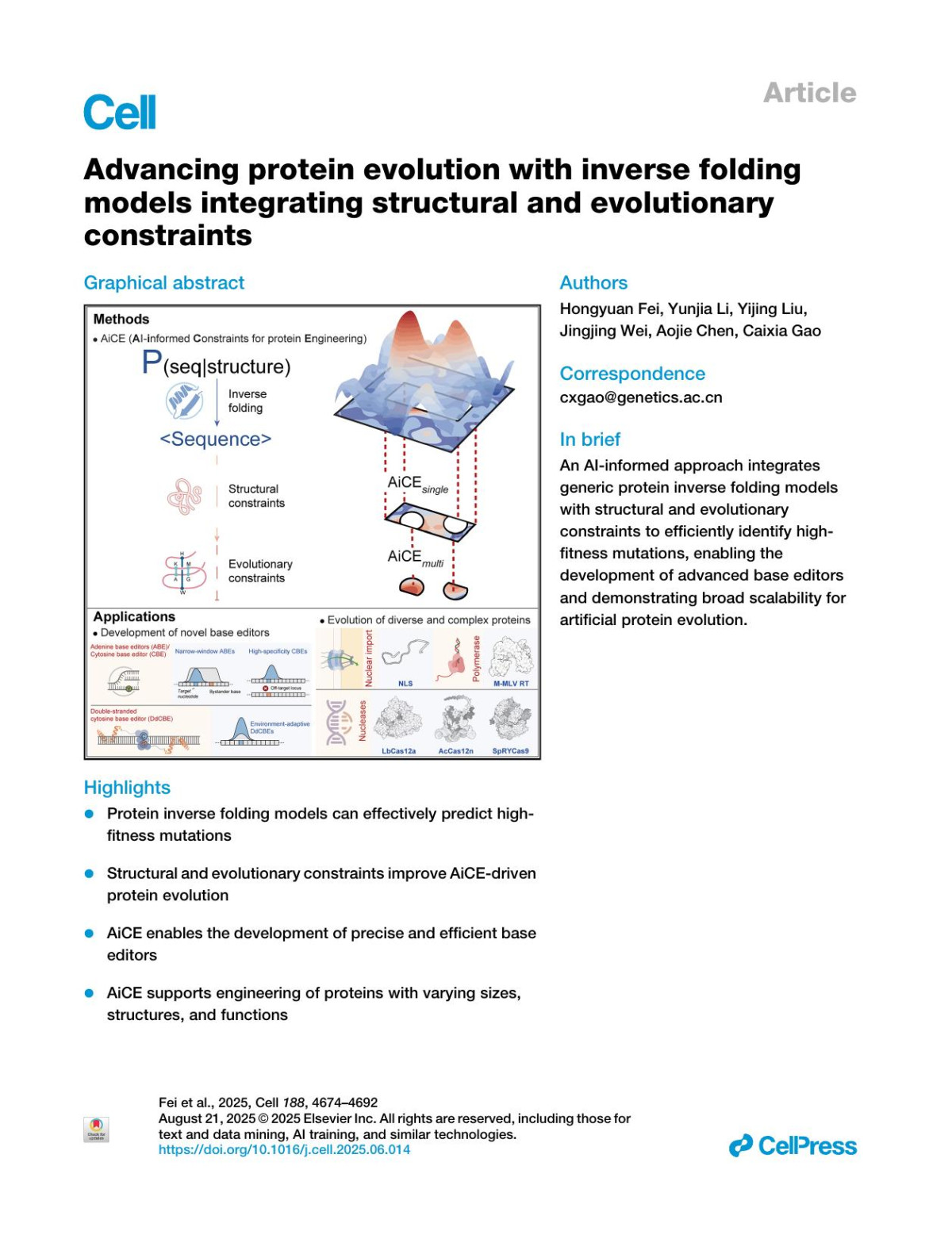 Advancing Protein Evolution With Inverse Foldingmodels Integrating Structural And Evolutionaryconstraints Hongyuan Fei Yunjia Li Yijing Liu Jingjing Wei Aojie Chen Caixia Gao
