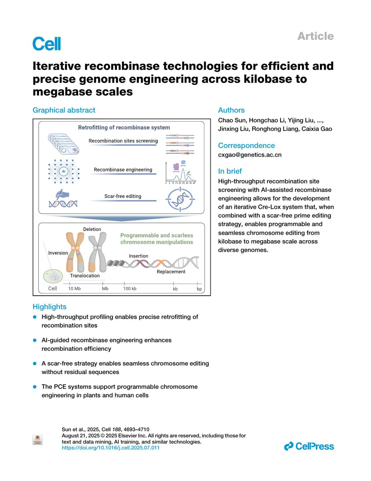 Iterative Recombinase Technologies For Efficientand Precise Genome Engineering Acrosskilobase To Megabase Scales Chao Sun Hongchao Li Yijing Liu Yunjia Li Rui Gao Xiaoli Shi Hongyuan Fei Jinxing Liu Ronghong Liang Caixia Gao
