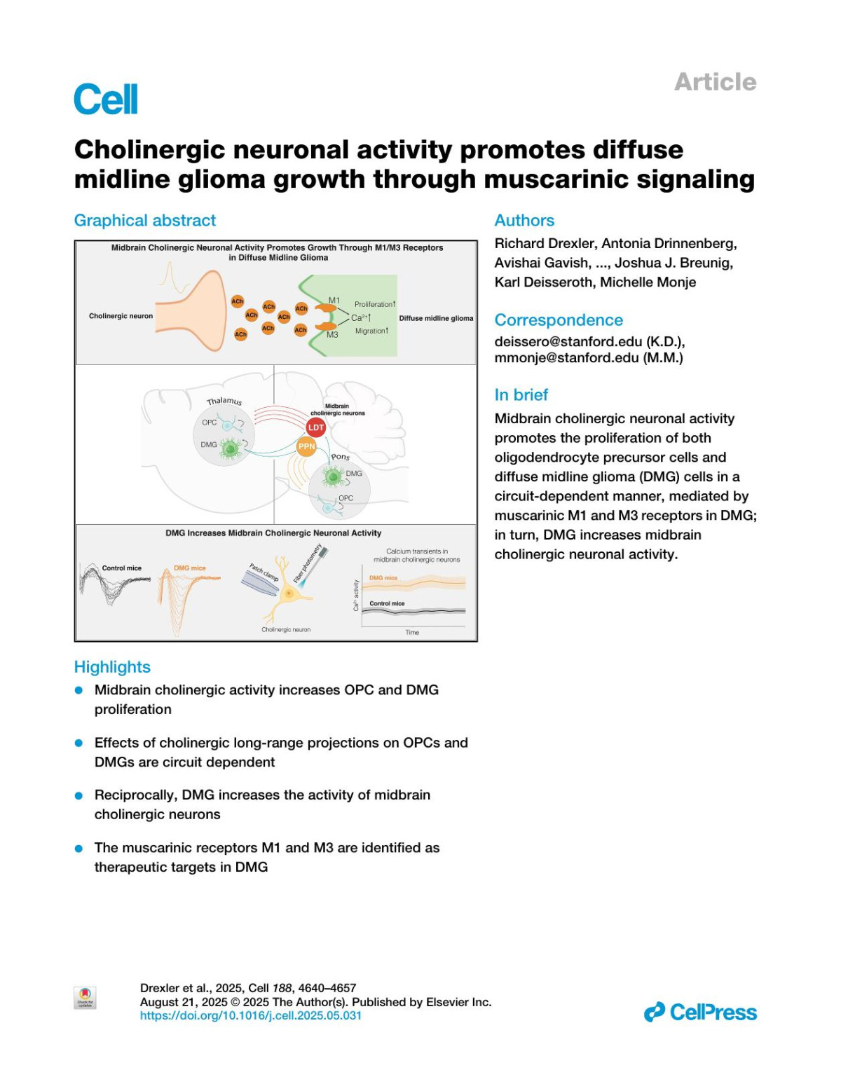 Cholinergic Neuronal Activity Promotes Diffuse Midline Glioma Growth Through Muscarinic Signaling Richard Drexler Antonia Drinnenberg Avishai Gavish Belgin Yalçin Kiarash Shamardani Abigail E Rogers Rebecca Mancusi Vrunda Trivedi Kathryn R Taylor Yoon Seok Kim Pamelyn J Woo Neeraj Soni Minhui Su Alexandre Ravel Eva