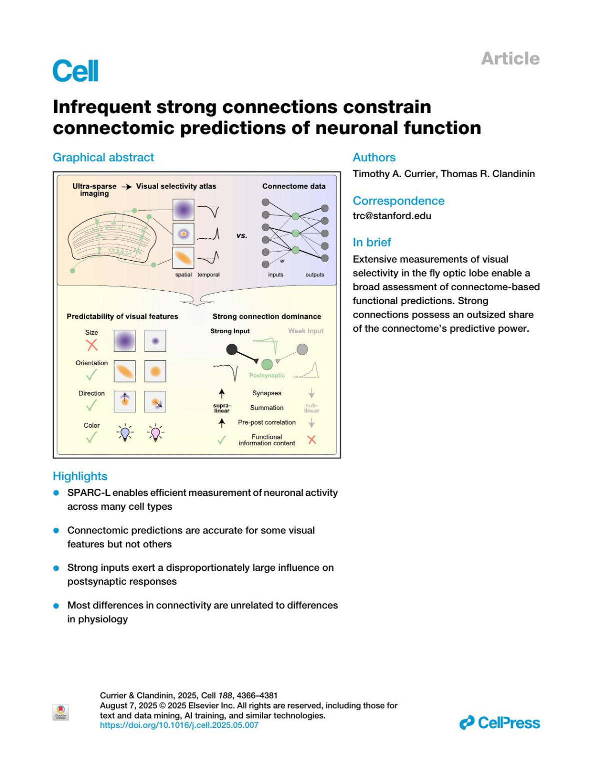 Infrequent Strong Connections Constrain Connectomic Predictions Of Neuronal Function Timothy A Currier Thomas R Clandinin