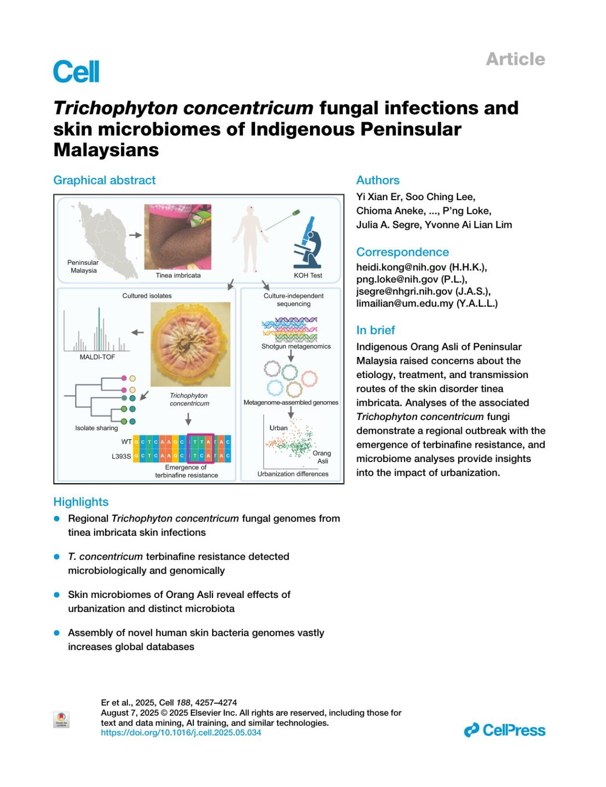 Trichophyton Concentricum Fungal Infections And Skin Microbiomes Of Indigenous Peninsular Malaysians Yi Xian Er Soo Ching Lee Chioma Aneke Sean Conlan Azdayanti Muslim Clay Deming You Che Nan Jiun Yap Mian Zi Tee Nurmanisha Abdullmajid Shezryna Shahrizal Kin Fon Leong Jungmin Han Zeyang Shen Leslie Thian Lung Than Morgan