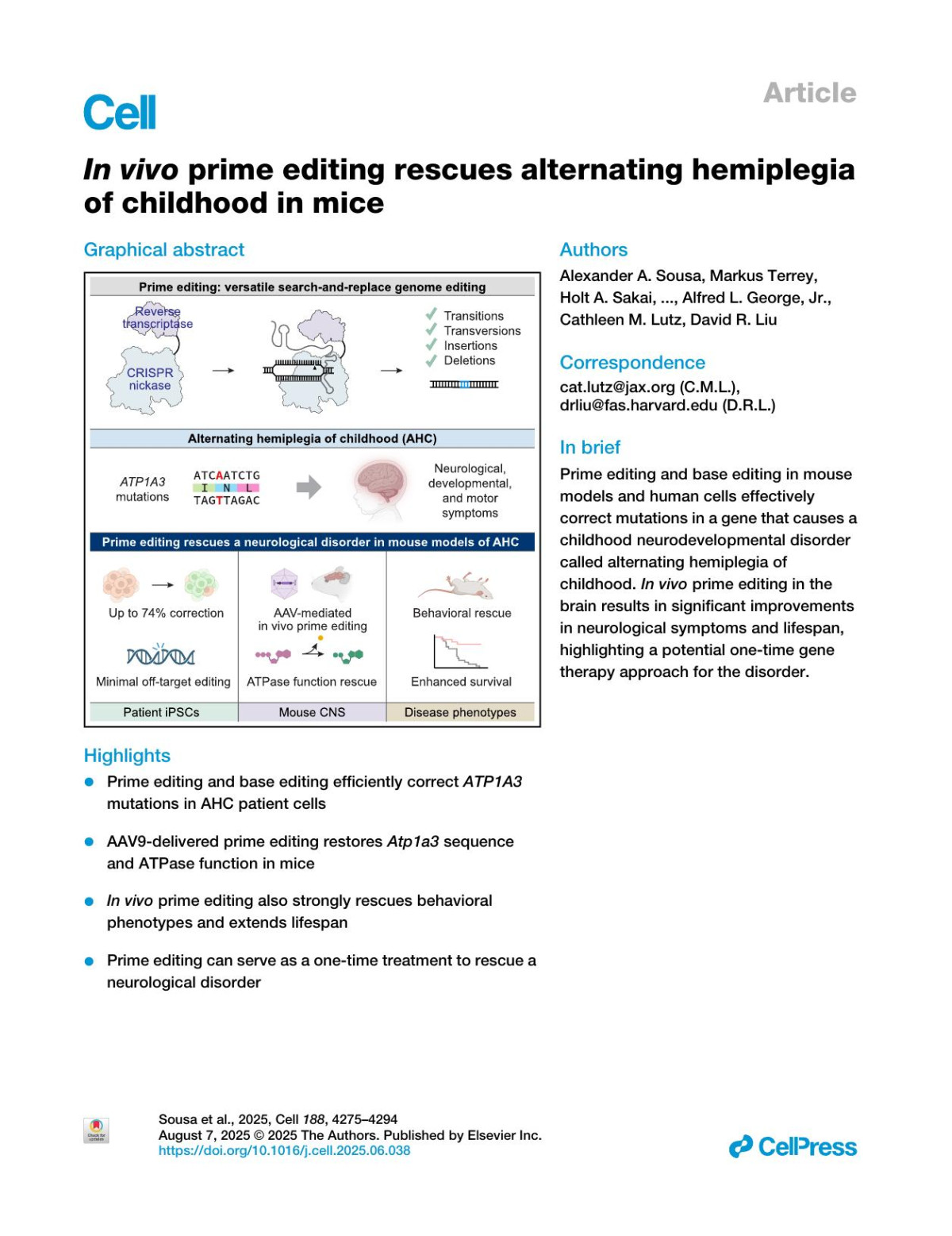 In Vivo Prime Editing Rescues Alternating Hemiplegia Of Childhood In Mice Alexander A Sousa Markus Terrey Holt A Sakai Christine Q Simmons Elena Arystarkhova Natalia S Morsci Laura C Anderson Jun Xie Fabian Suripayer Linda C Laux Emmanuel Roze Sylvie Forlani Guangping Gao Simon Frost Nina