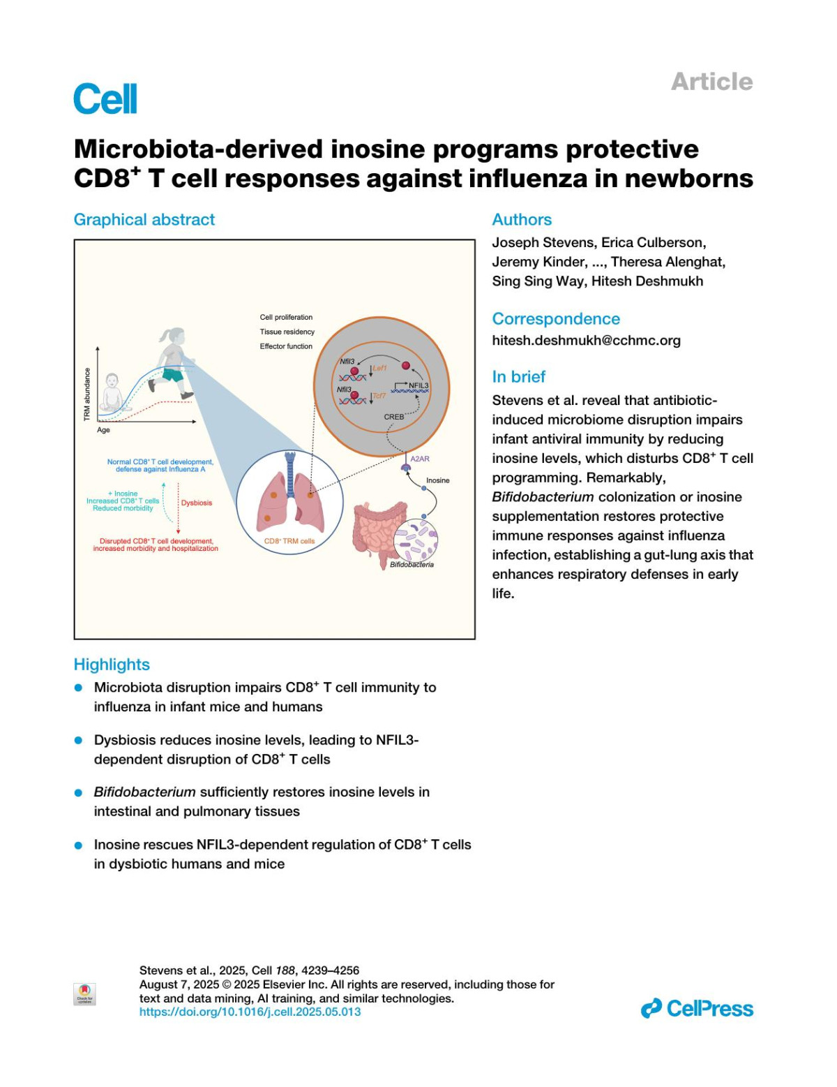 Microbiotaderived Inosine Programs Protective Cd8 T Cell Responses Against Influenza In Newborns Joseph Stevens Erica Culberson Jeremy Kinder Alicia Ramiriqui Jerilyn Gray Madeline Bonfield Tzuyu Shao Faris Al Gharaibeh Laura Peterson Shelby Steinmeyer Emily M Eshleman Shikha Negi William Zacharias Gloria Pryhuber