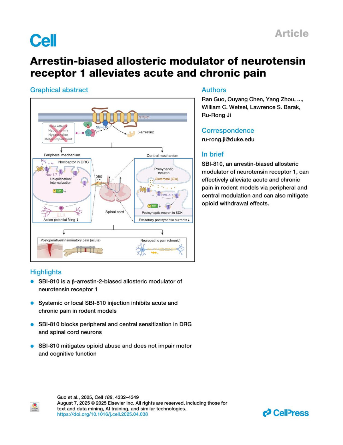 Arrestinbiased Allosteric Modulator Of Neurotensin Receptor 1 Alleviates Acute And Chronic Pain Ran Guo Ouyang Chen Yang Zhou Sangsu Bang Sharat Chandra Yize Li Gang Chen Rougang Xie Wei He Jing Xu Richard Zhou Shaoyong Song Kelsey L Person Madelyn N Moore Abigail R Alwin Ivan Spasojevic Michael R Jackson